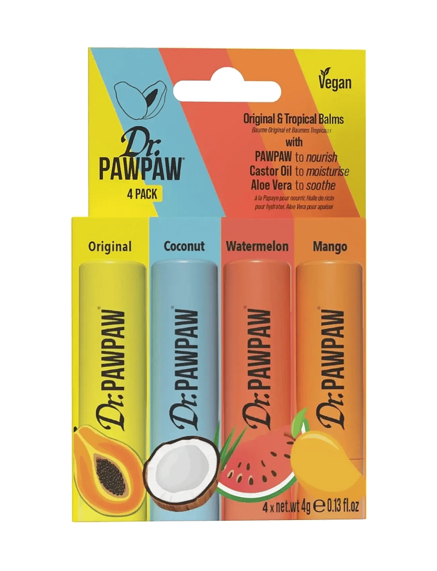Dr.PawPaw - Dr.PAWPAW Original & Tropical Balms 4 Pack with Original, Coconut, Watermelon & Mango - huulepalsamid - clear - 0