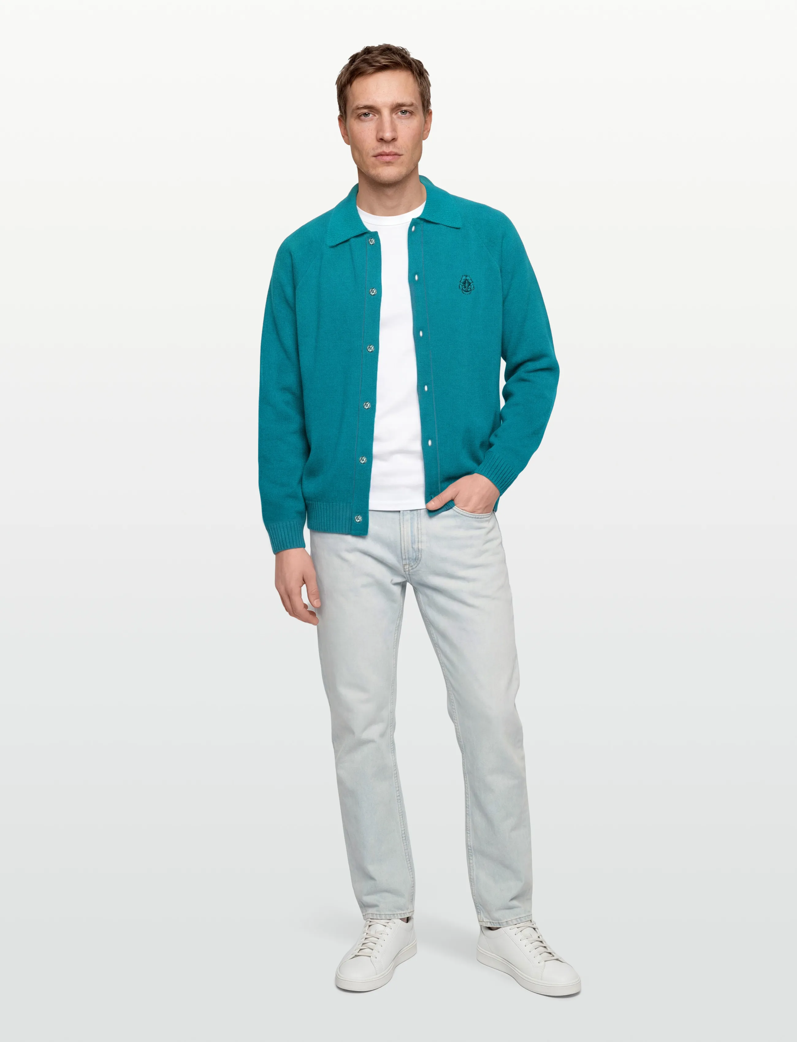 Edwin Mars Polo Cardigan-Baltic, L, Blue, Strik > Cardigans, Herre