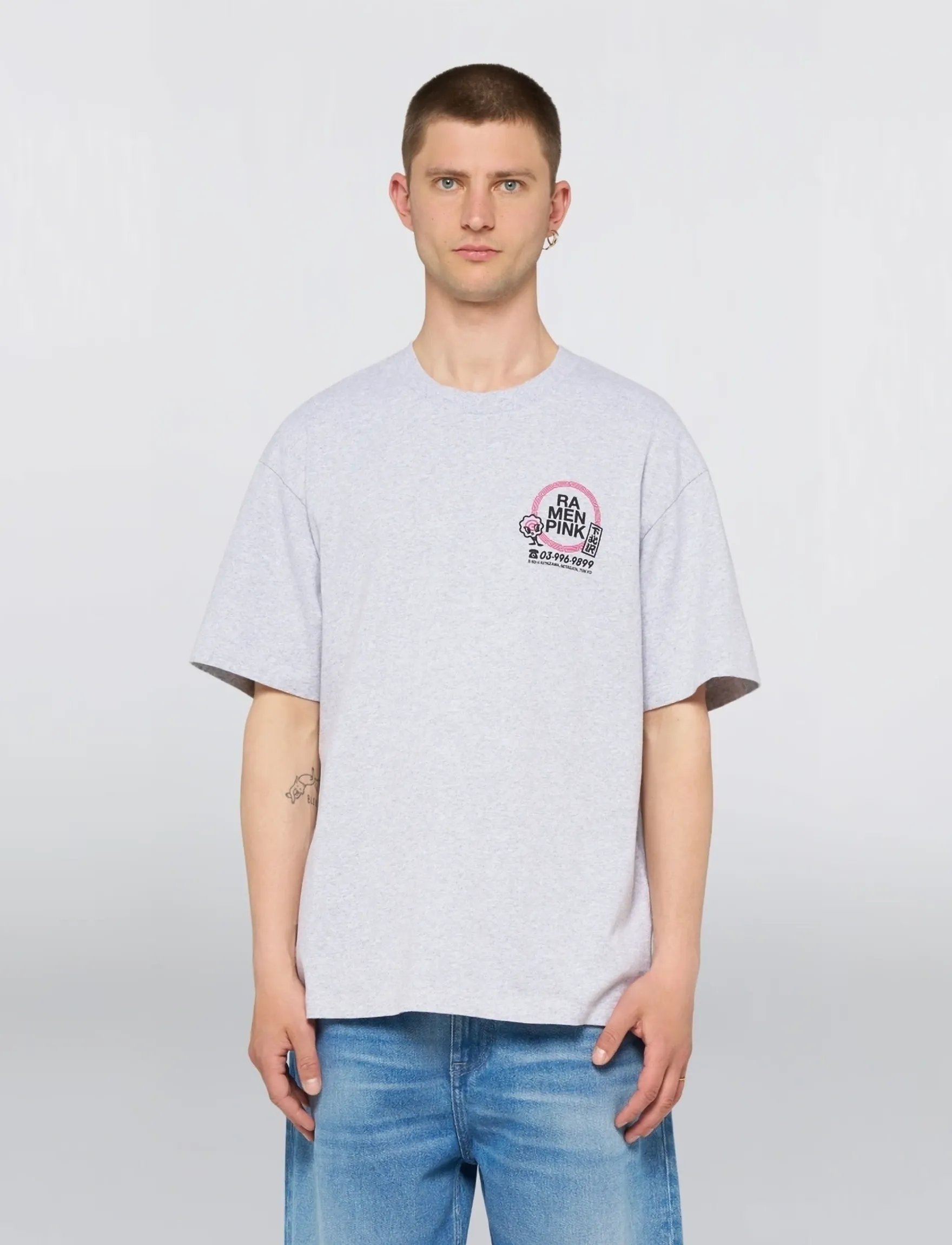 Edwin Ramen Pink T-Shirt-Grey Marl, L, Grey, T-Shirts > Kortærmede, Herre