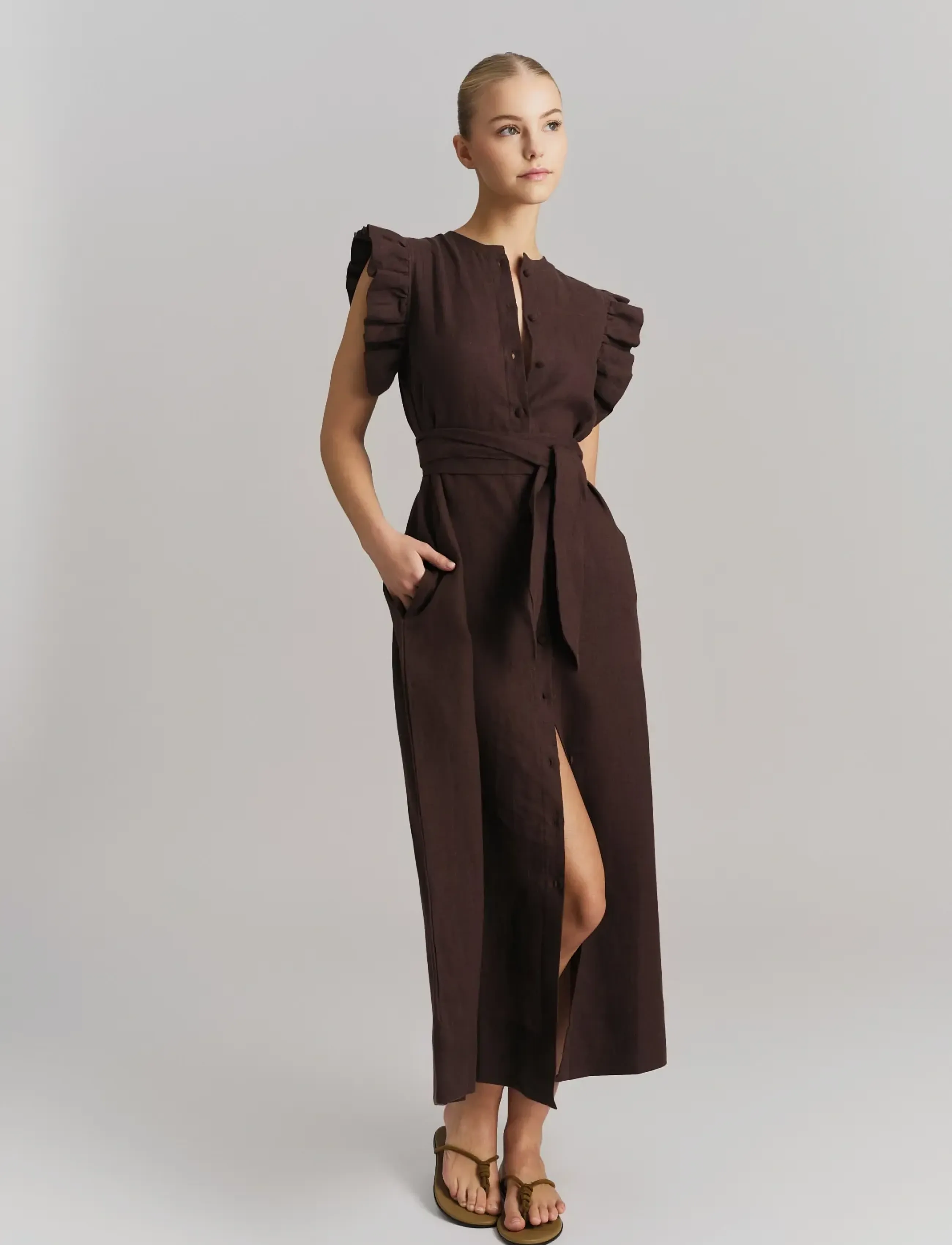 ella&il Pam Linen Dress, Kvinder, Midi Knapkjole, Brun, Str: S