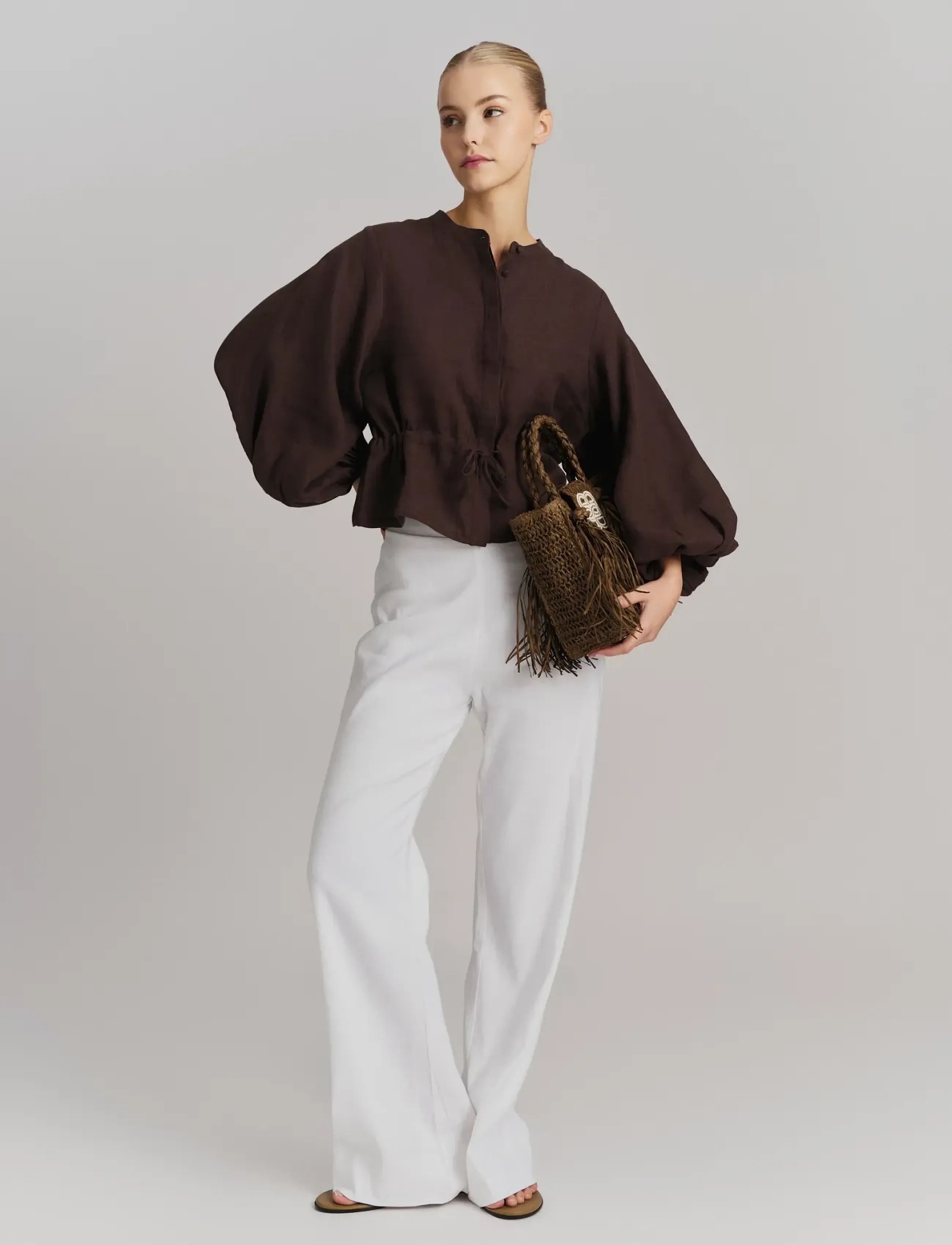 ella&il Camille Linen Shirt, Kvinder, Kort Snøre Hørskjorte, Brun, Str: XS