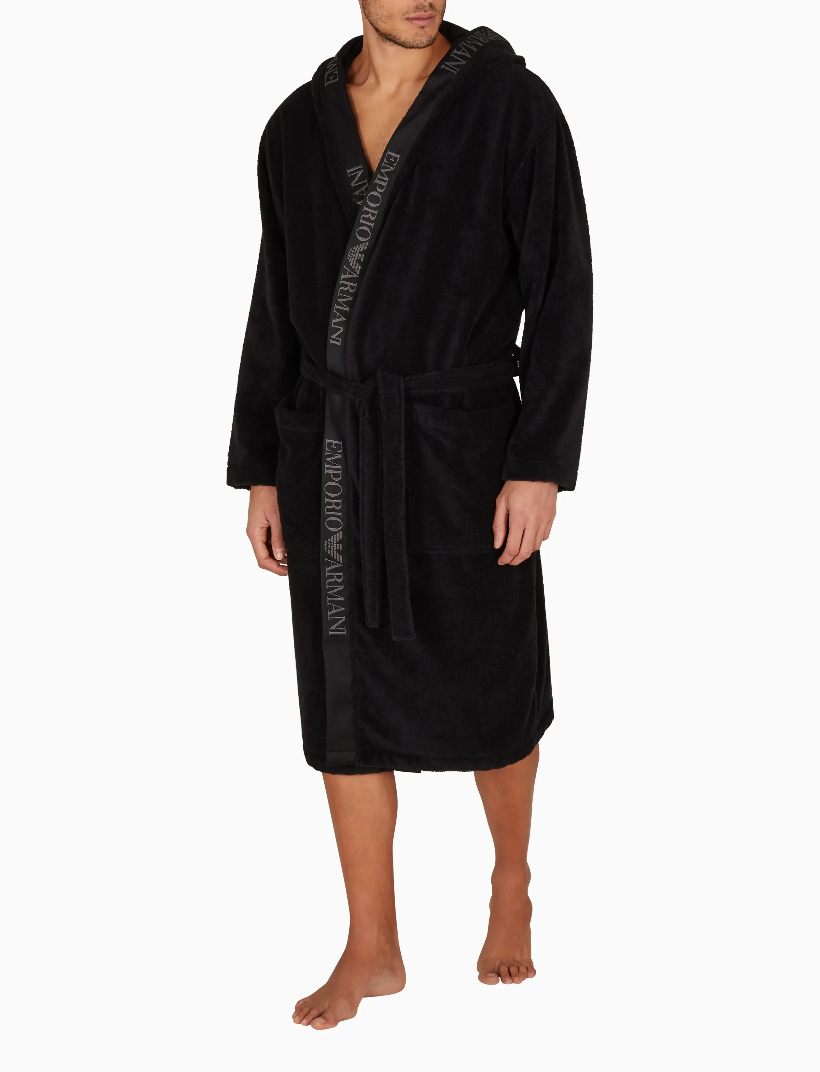 Emporio Armani Loungewear Bathrobe, Mænd, Hætte Badekåbe, Sort, Str: S