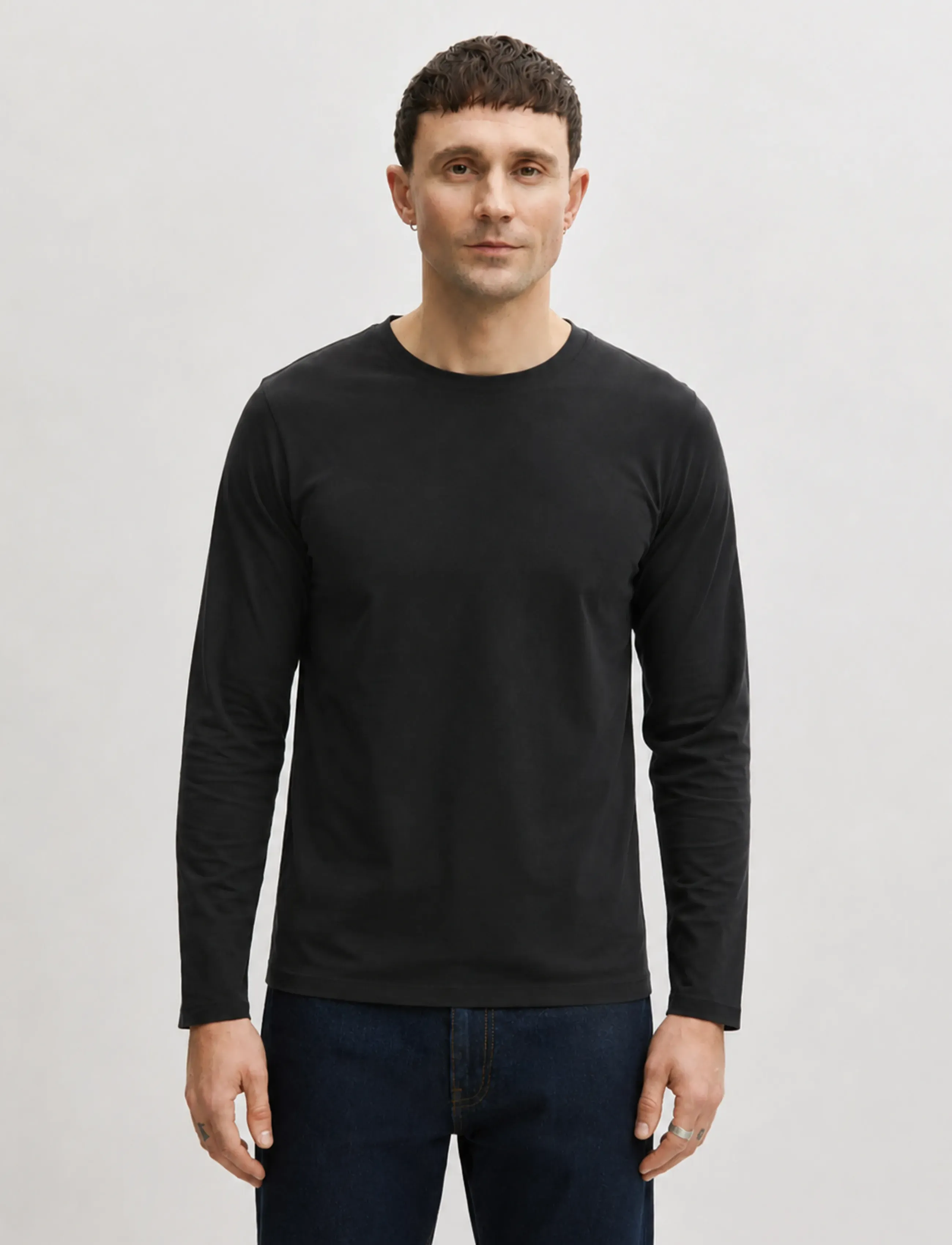 Enkel Studio Basic O-Neck Tee L/S, Mænd, Basic Langærmet O-Hals T-shirt, Sort, Str: M