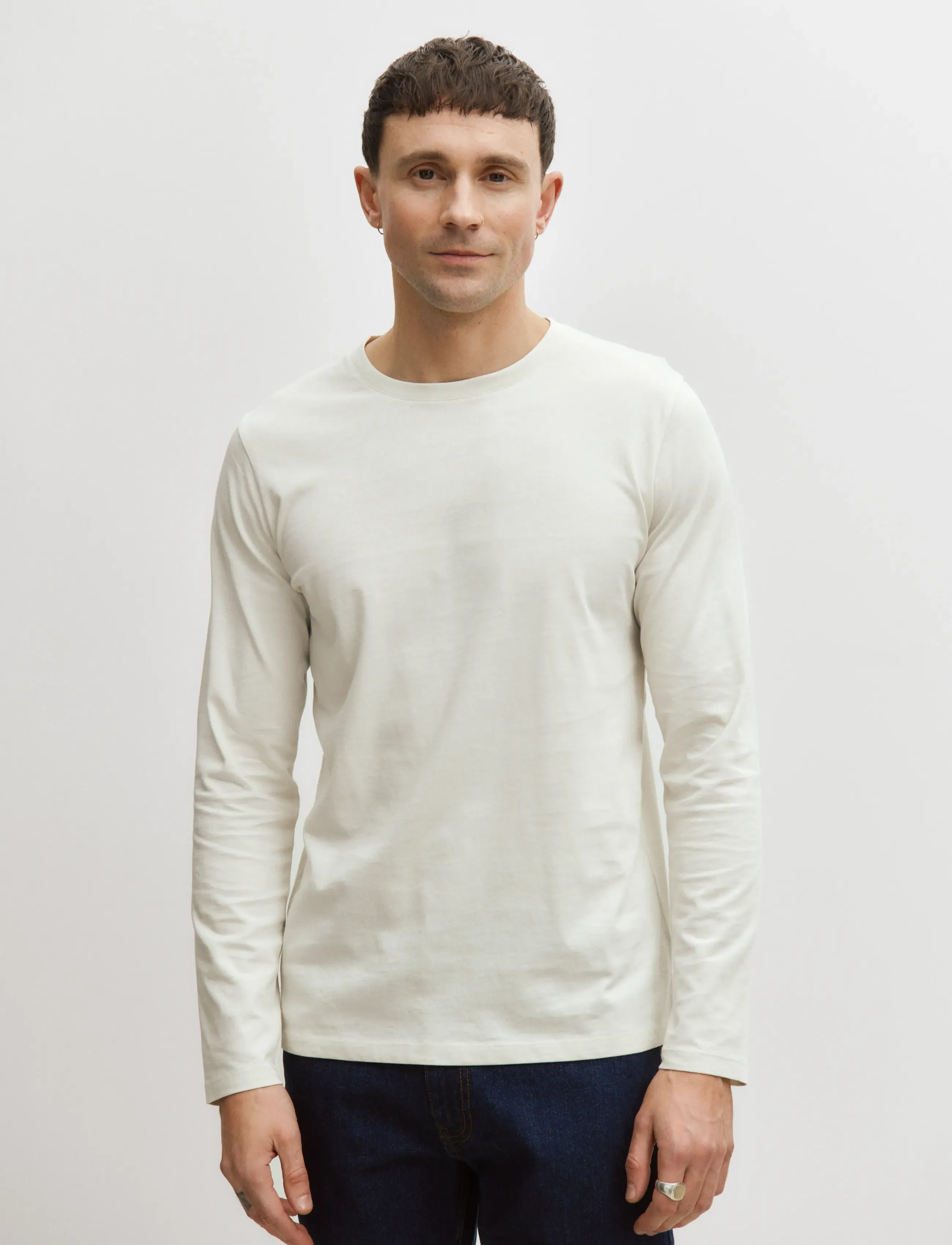 Enkel Studio Basic O-Neck Tee L/S, Mænd, Basic Langærmet O-Hals T-shirt, Cream, Str: L