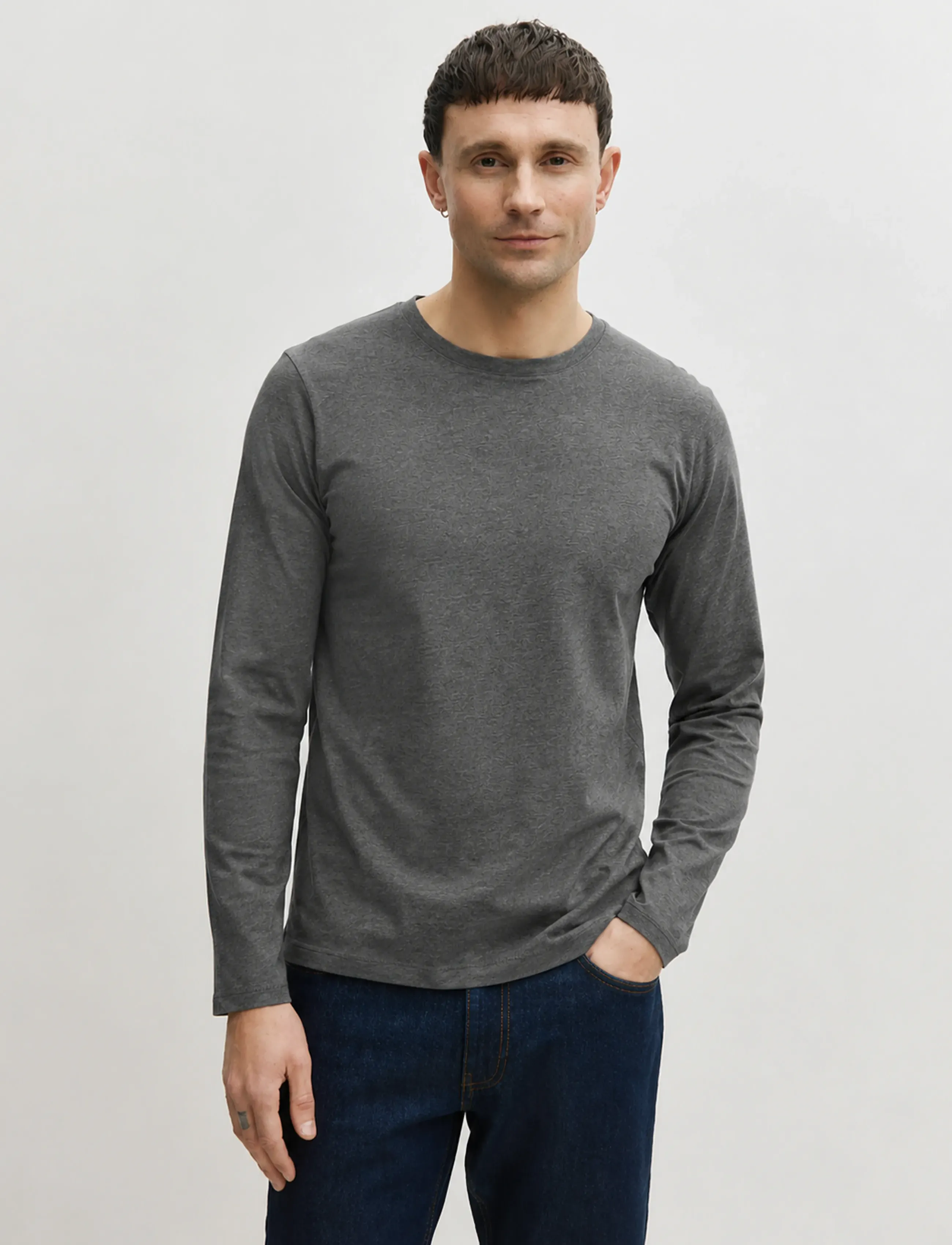 Enkel Studio Basic O-Neck Tee L/S, Mænd, Basic Langærmet O-Hals T-shirt, Grå, Str: XXL