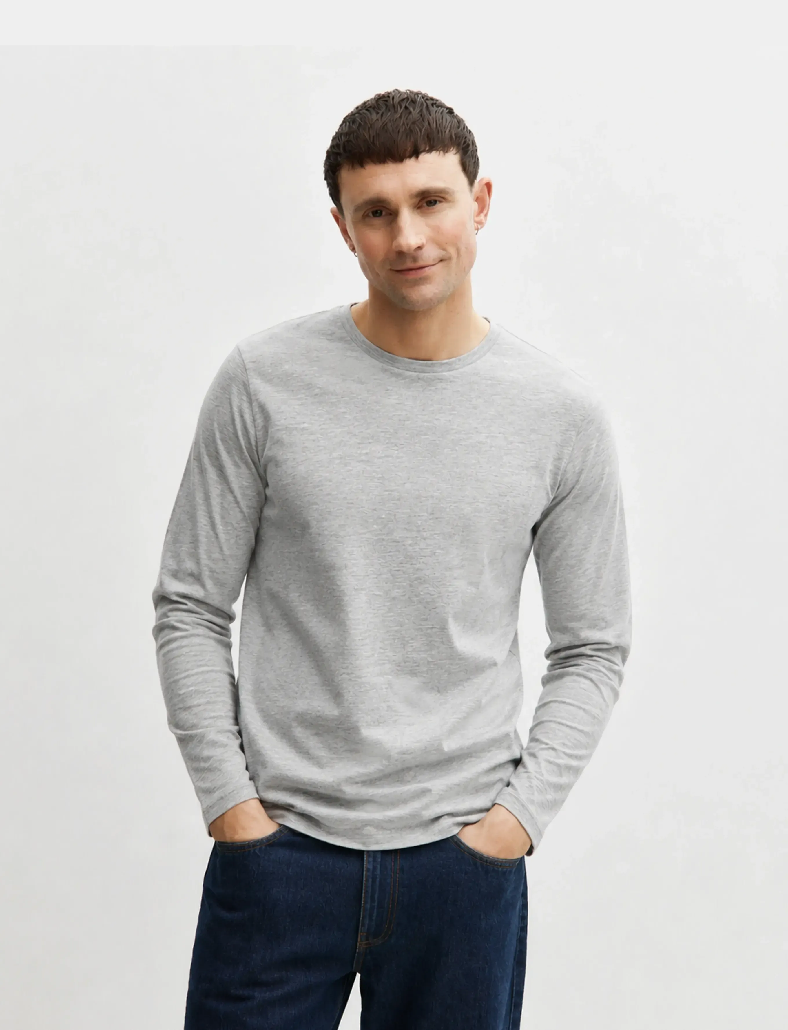 Enkel Studio Basic O-Neck Tee L/S, Mænd, Basic Langærmet O-Hals T-shirt, Grå, Str: L