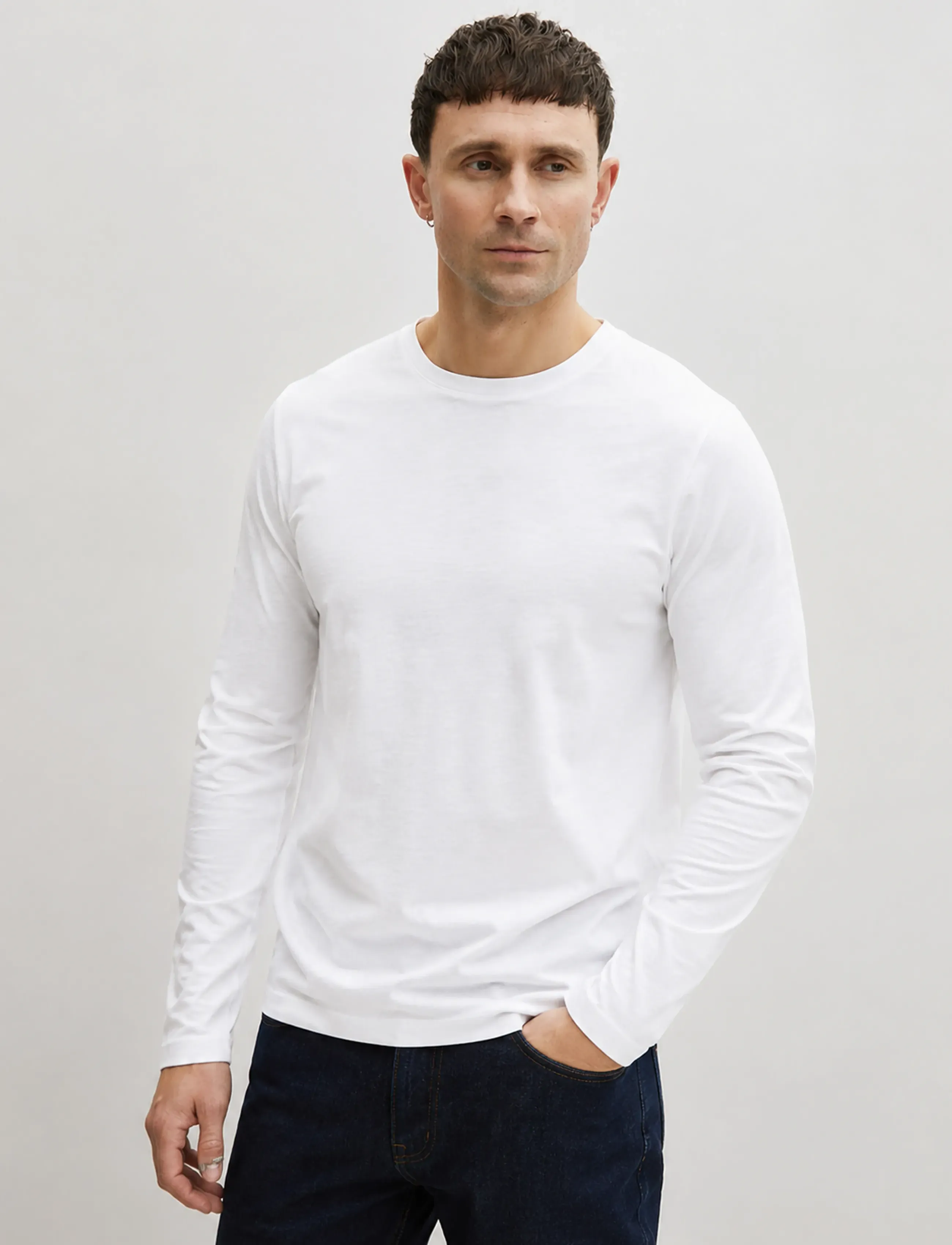 Enkel Studio Basic O-Neck Tee L/S, Mænd, Basic Langærmet O-Hals T-shirt, Hvid, Str: M