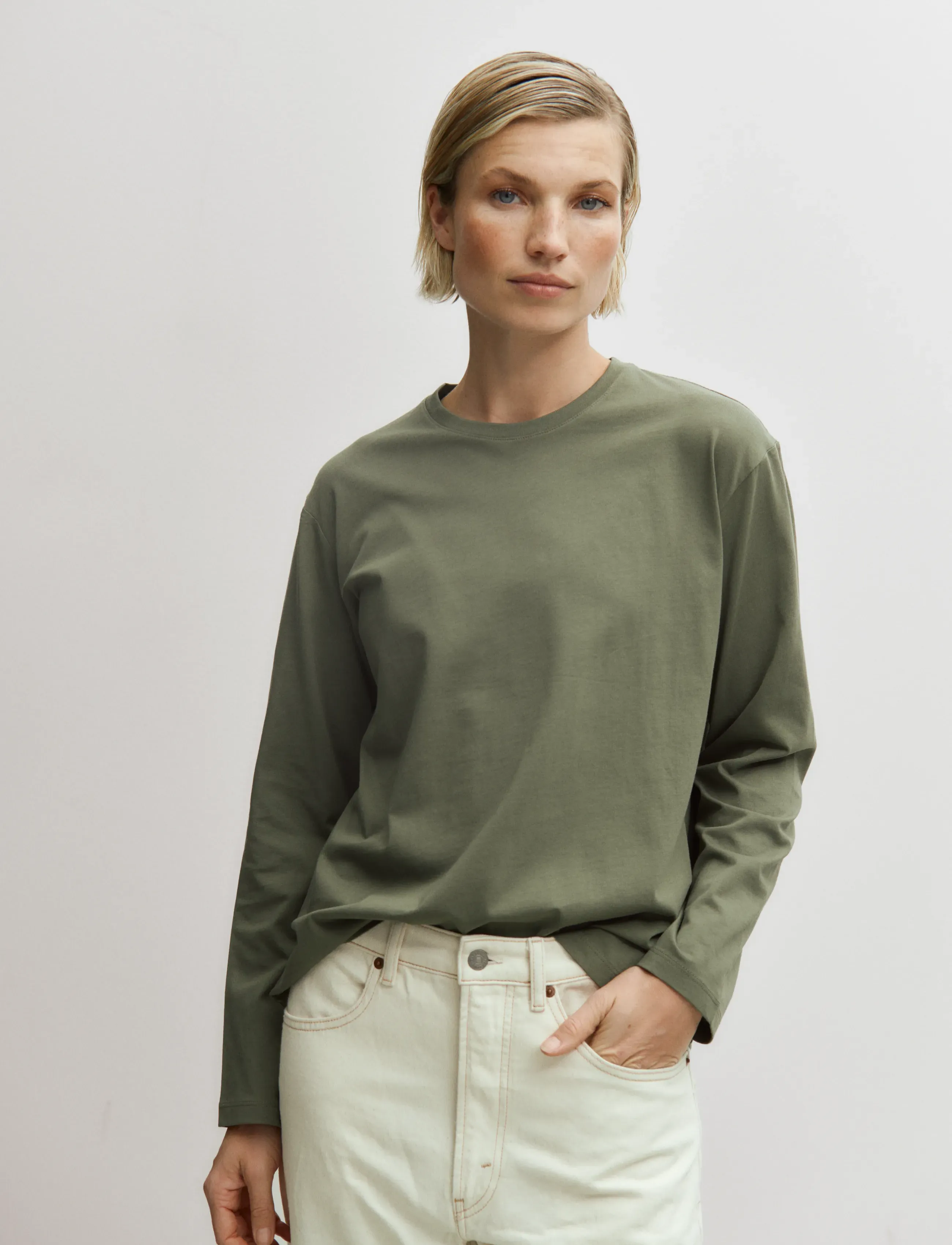 Enkel Studio Basic O-Neck Tee L/S, XS, T-shirts & Oberteile, Khakigrün - Long-sleeved, Frauen