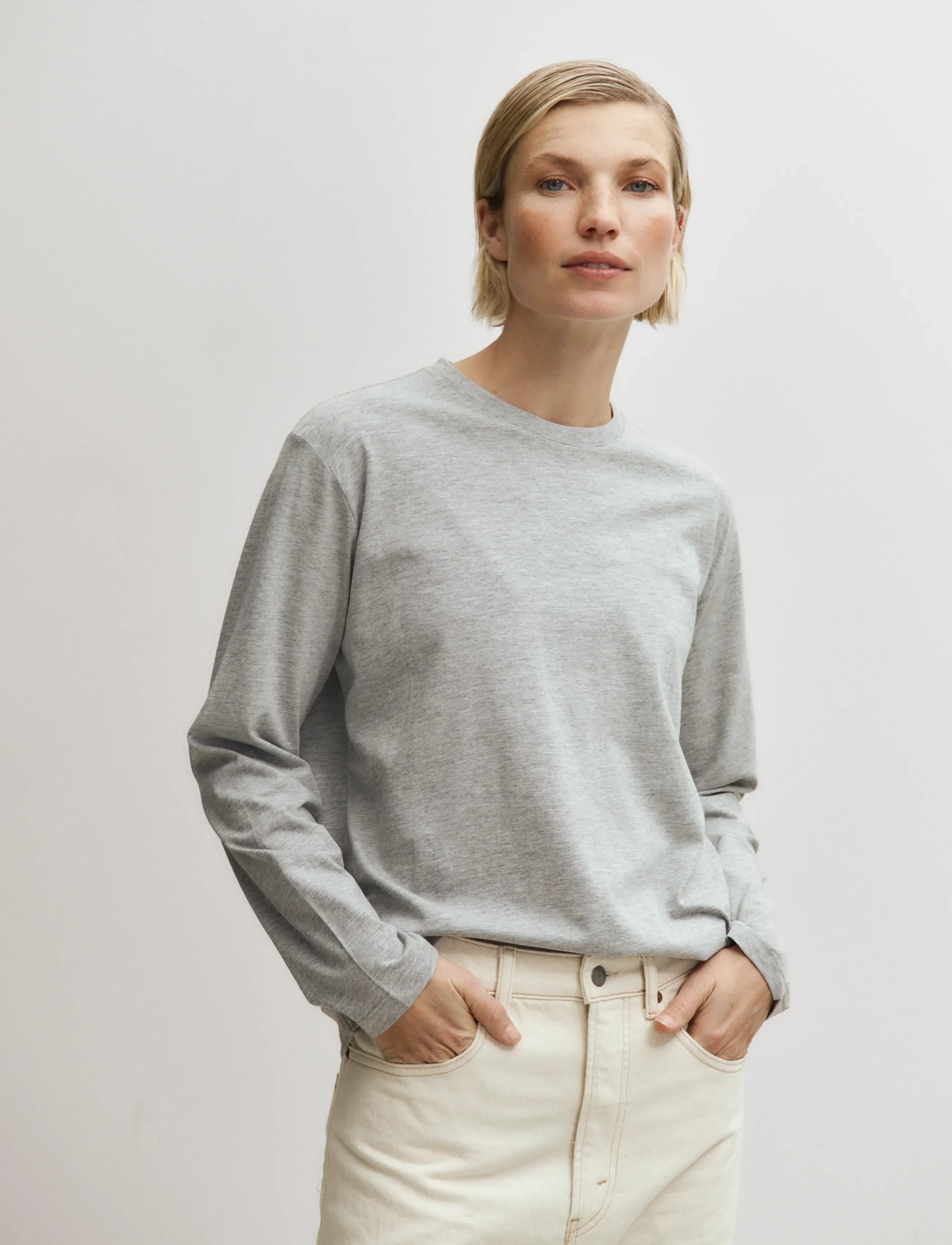 Enkel Studio Basic O-Neck Tee L/S, Kvinder, O-Hals Langærmet T-Shirt, Grå, Str: M