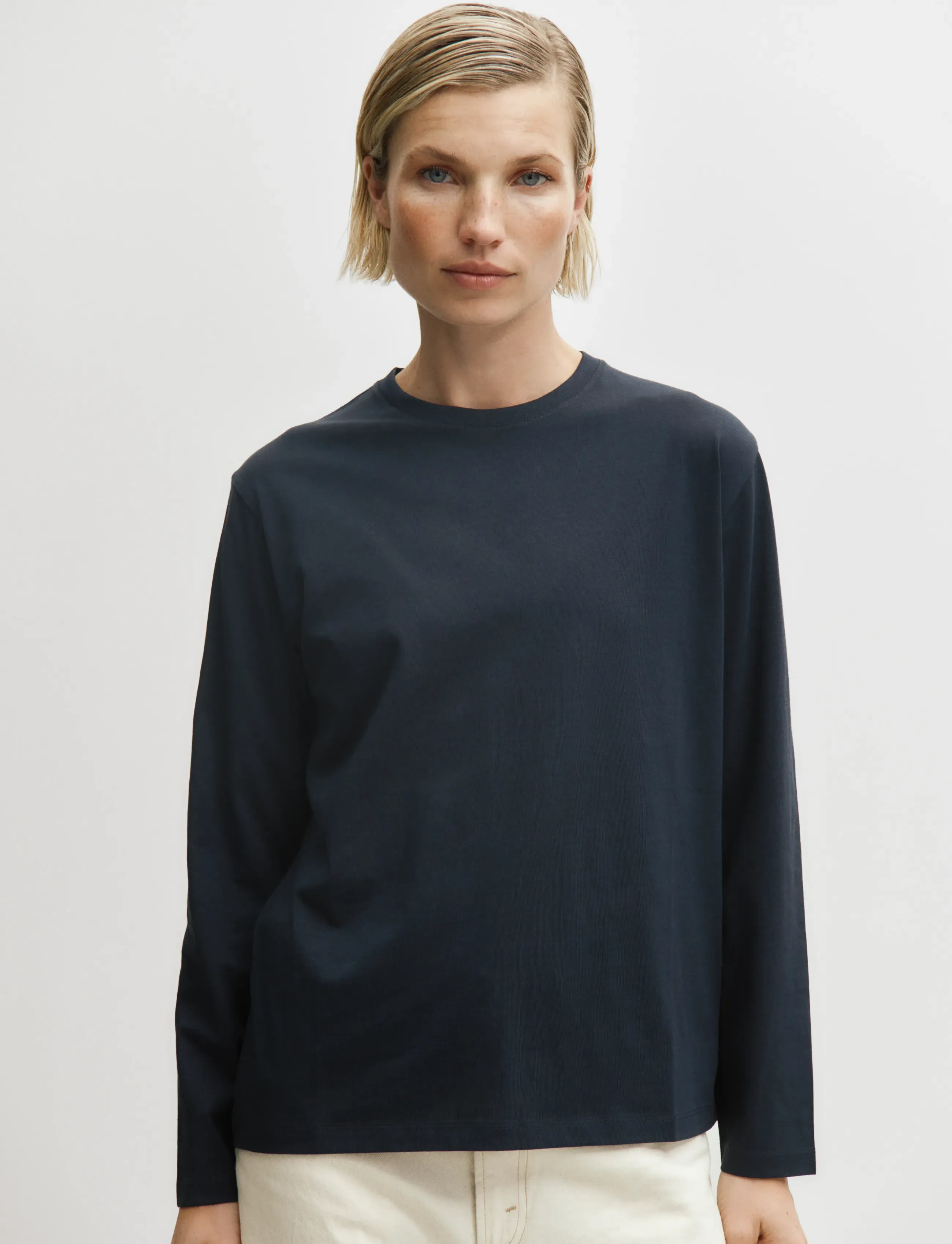 Enkel Studio Basic O-Neck Tee L/S, L, Navy, T-Shirts & Toppe > Langærmede, Dame