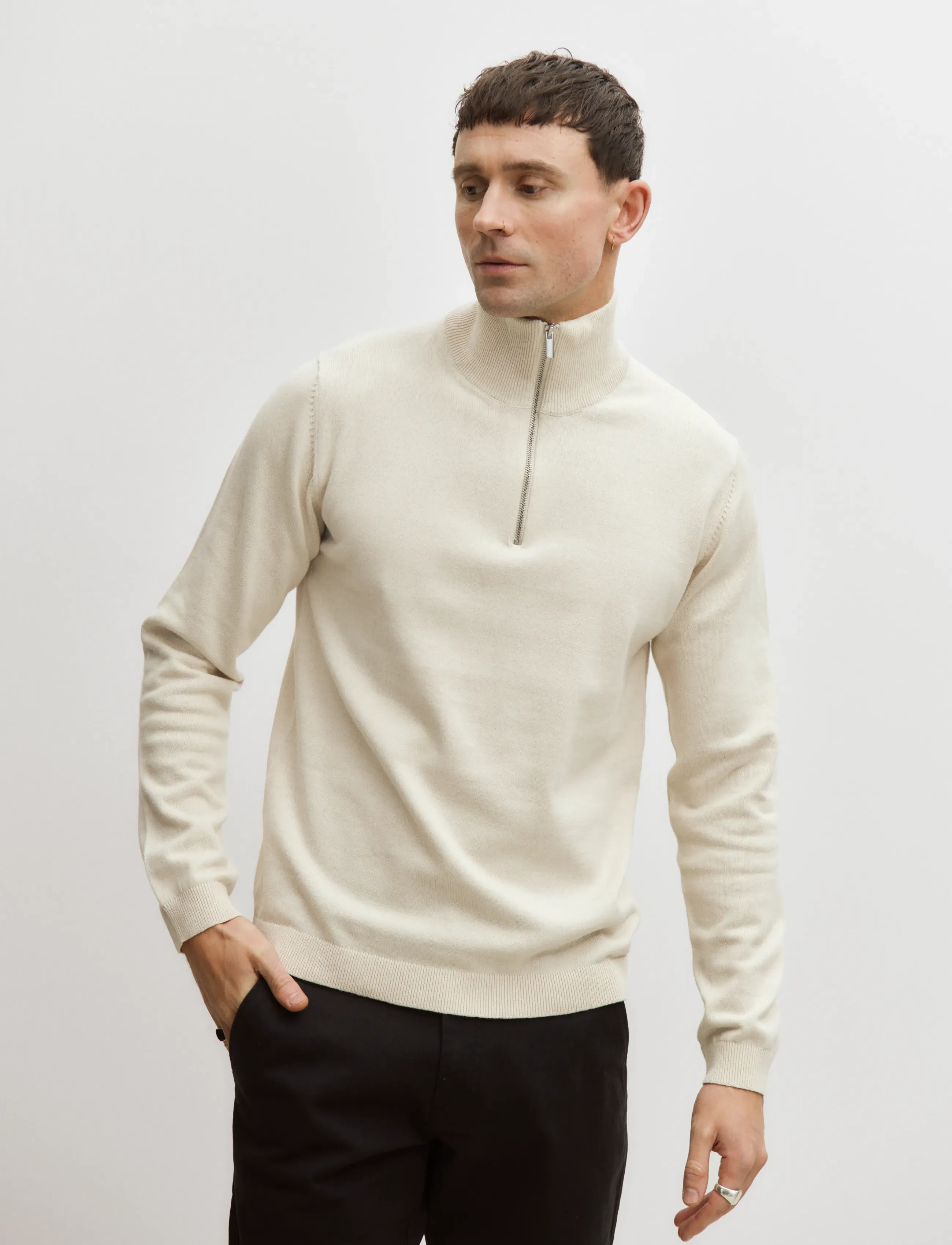Enkel Studio Half Zip Knit, Mænd, Halv Lynlås Striktrøje, Cream, Str: XL