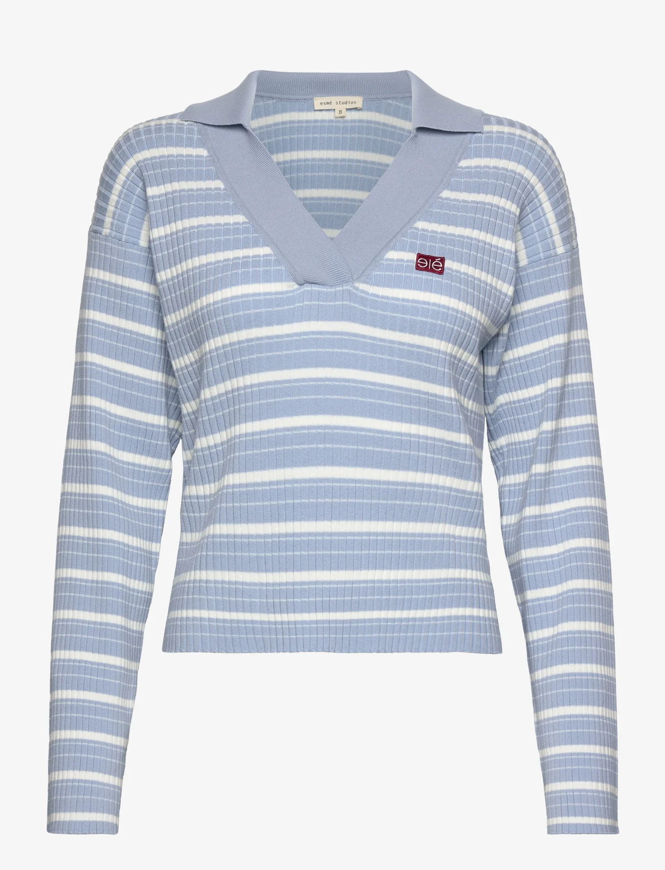 Esme Studios - ESAura Polo Knit - sweaters - blue fog stripes - 0