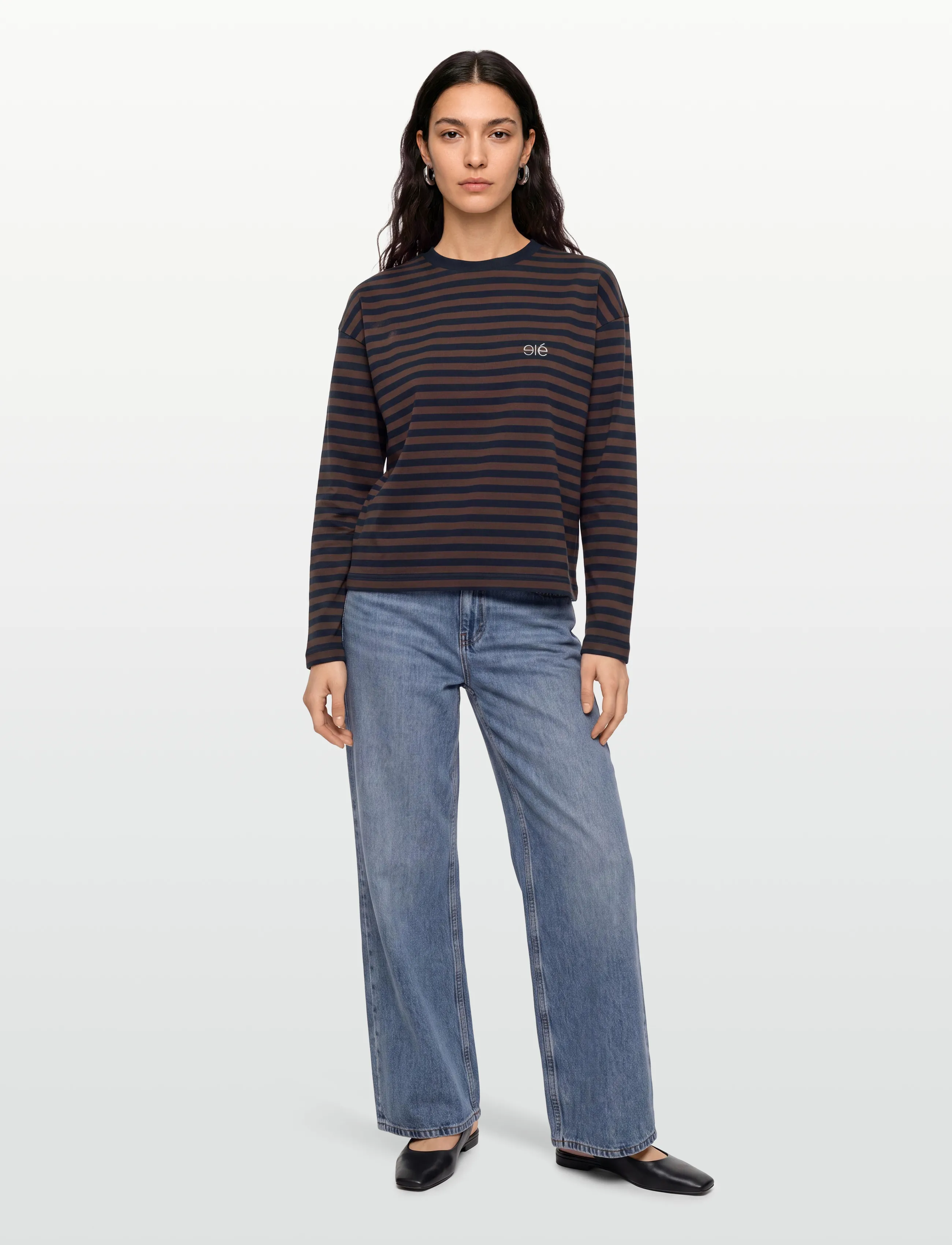 Esme Studios - ESFiona LS O-neck Short T-shirt - t-shirts & tops - dk. sapphire/ chocolate fondant str - 0