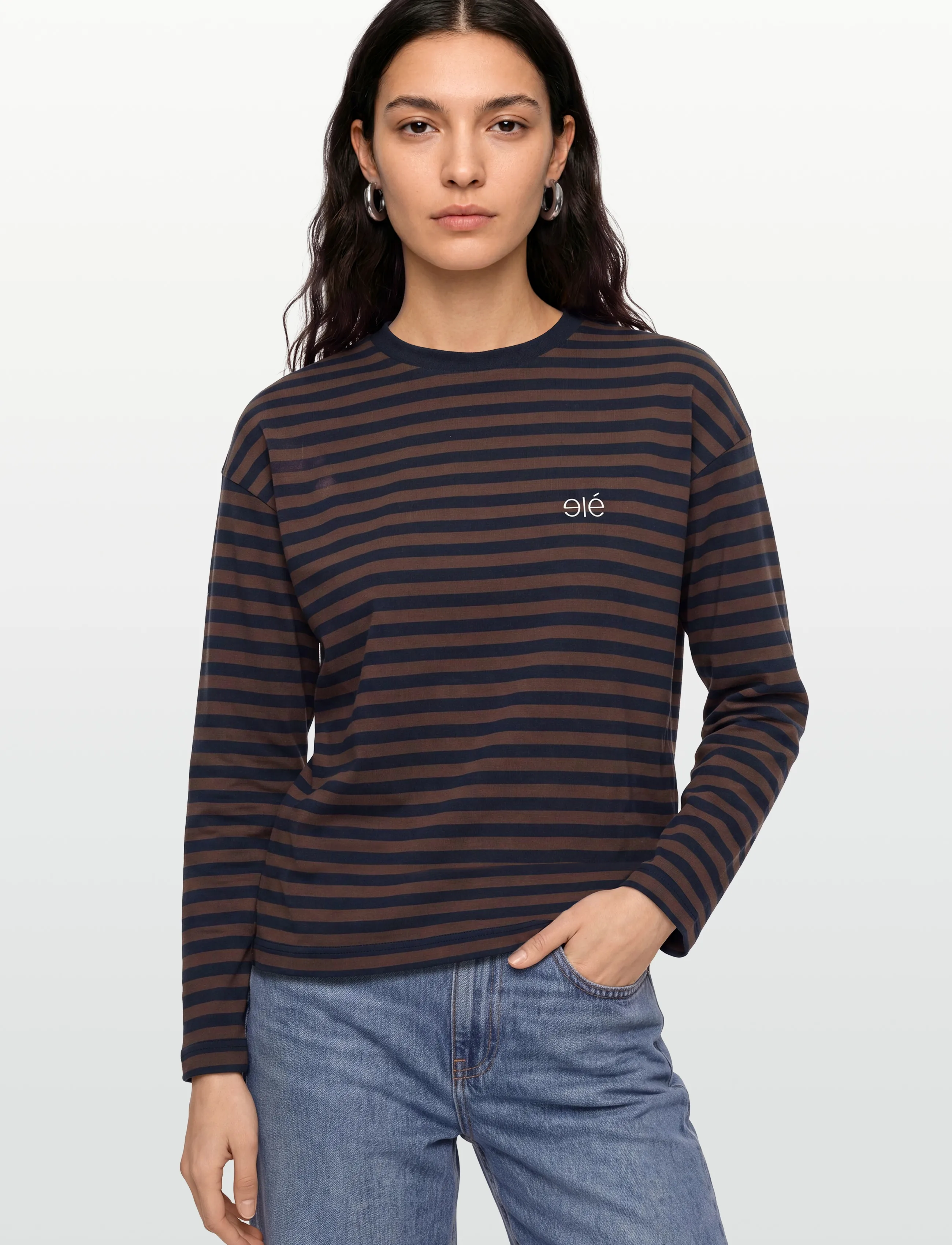Esme Studios - ESFiona LS O-neck Short T-shirt - t-shirts & tops - dk. sapphire/ chocolate fondant str - 3