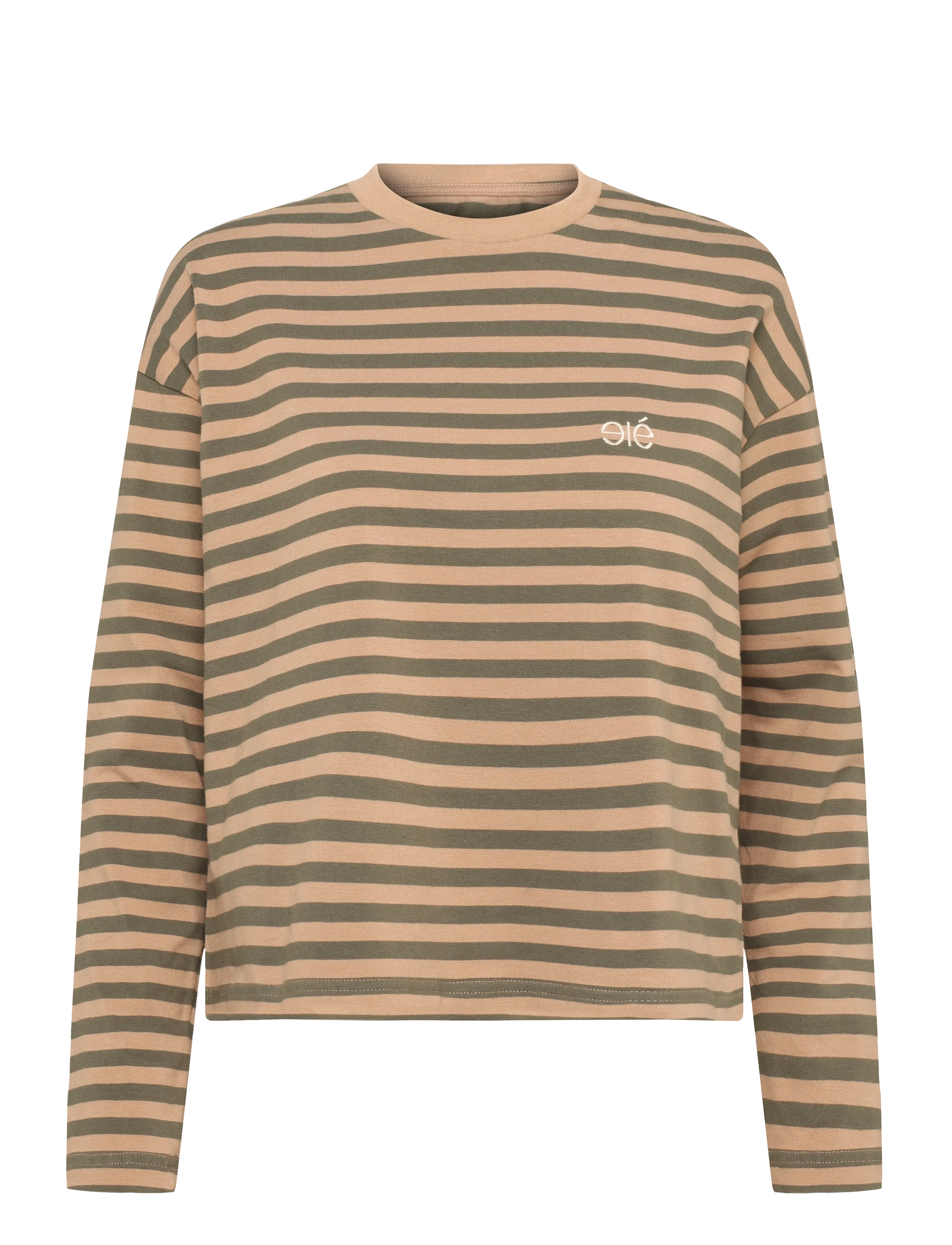 Esme Studios ESFiona LS O-neck Short T-shirt - Booztlet only women - TANNIN/ GRAPE LEAF STRIPE / beige
