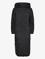 Long quilted coat with hood - BLACK