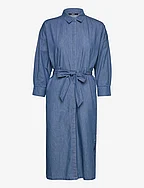 Cotton denim midi dress with tie belt - BLUE MEDIUM WASH