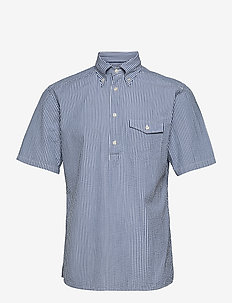 Navy Striped Seersucker Short Sleeve Popover Shirt, Eton