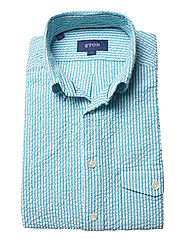 Eton - Navy Striped Seersucker Short Sleeve Popover Shirt - basic skjorter - green - 3
