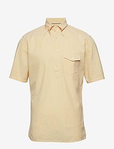 Navy Striped Seersucker Short Sleeve Popover Shirt, Eton