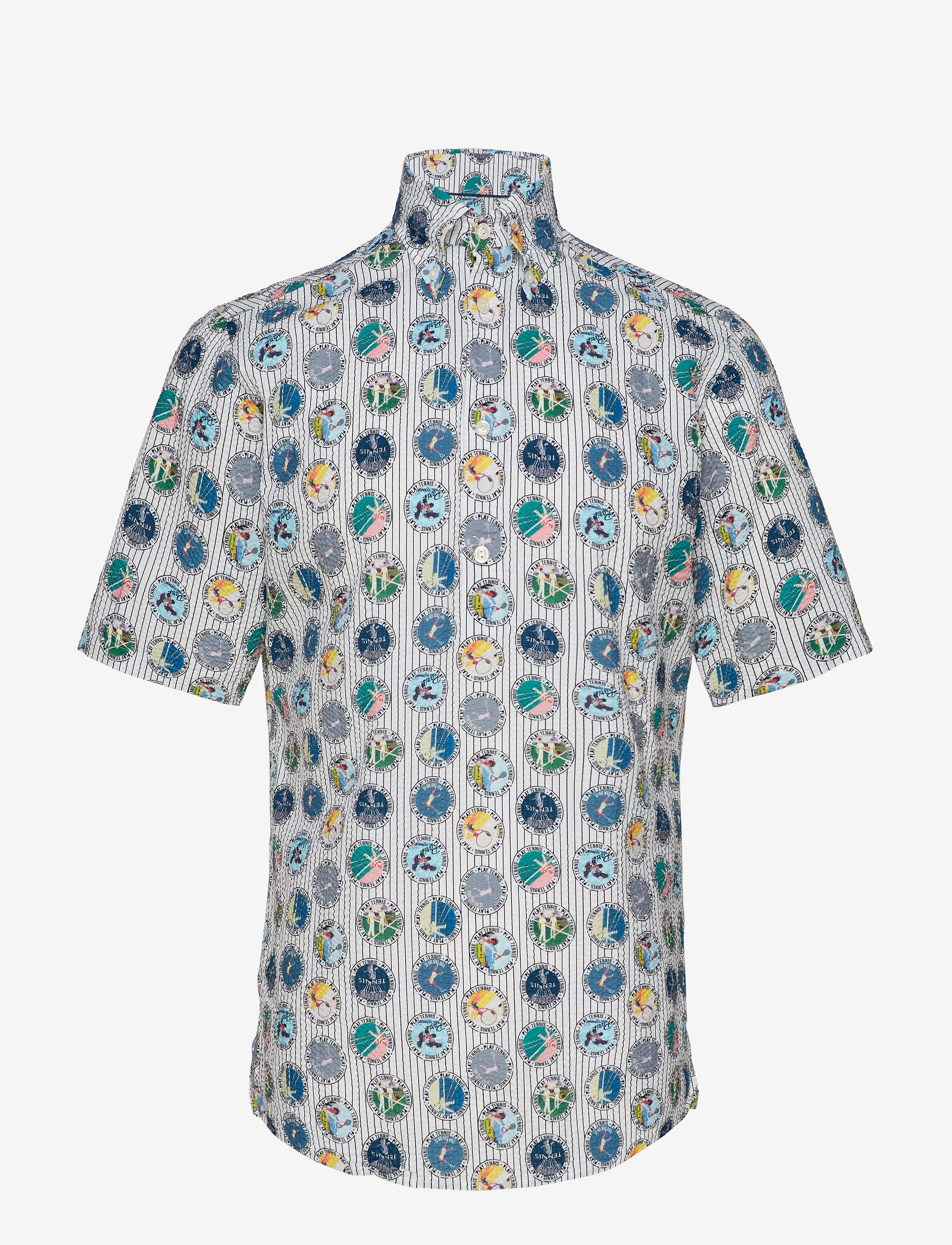 Eton Tennis Print Seersucker Short Sleeve Popover Shirt, S, Shirts, Mehrfarbig/gemustert - Short-sleeved, Männerswear