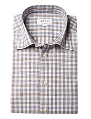 Eton - Blue & Brown Gingham Checked Twill Shirt - basic skjortor - blue - 3