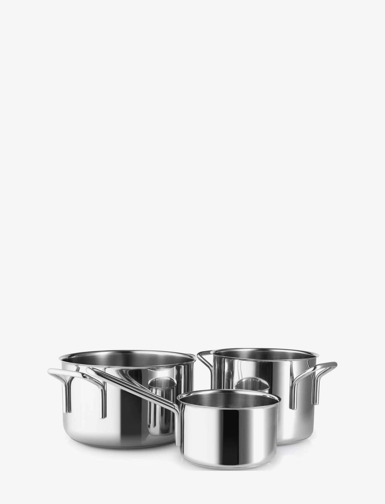 Eva Trio Stainless Steel Grydesæt 3 Stk. 1,1 L 2,2 L 3,6 L, Casserole Ret o, Sølv, Str: 1.1L+2.2L+3.6L