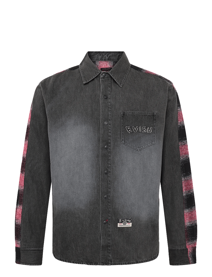 Evisu - HT, FABRIC BLOCKING LS DENIM SHIRT - karierte hemden - dark tone black denim - 0