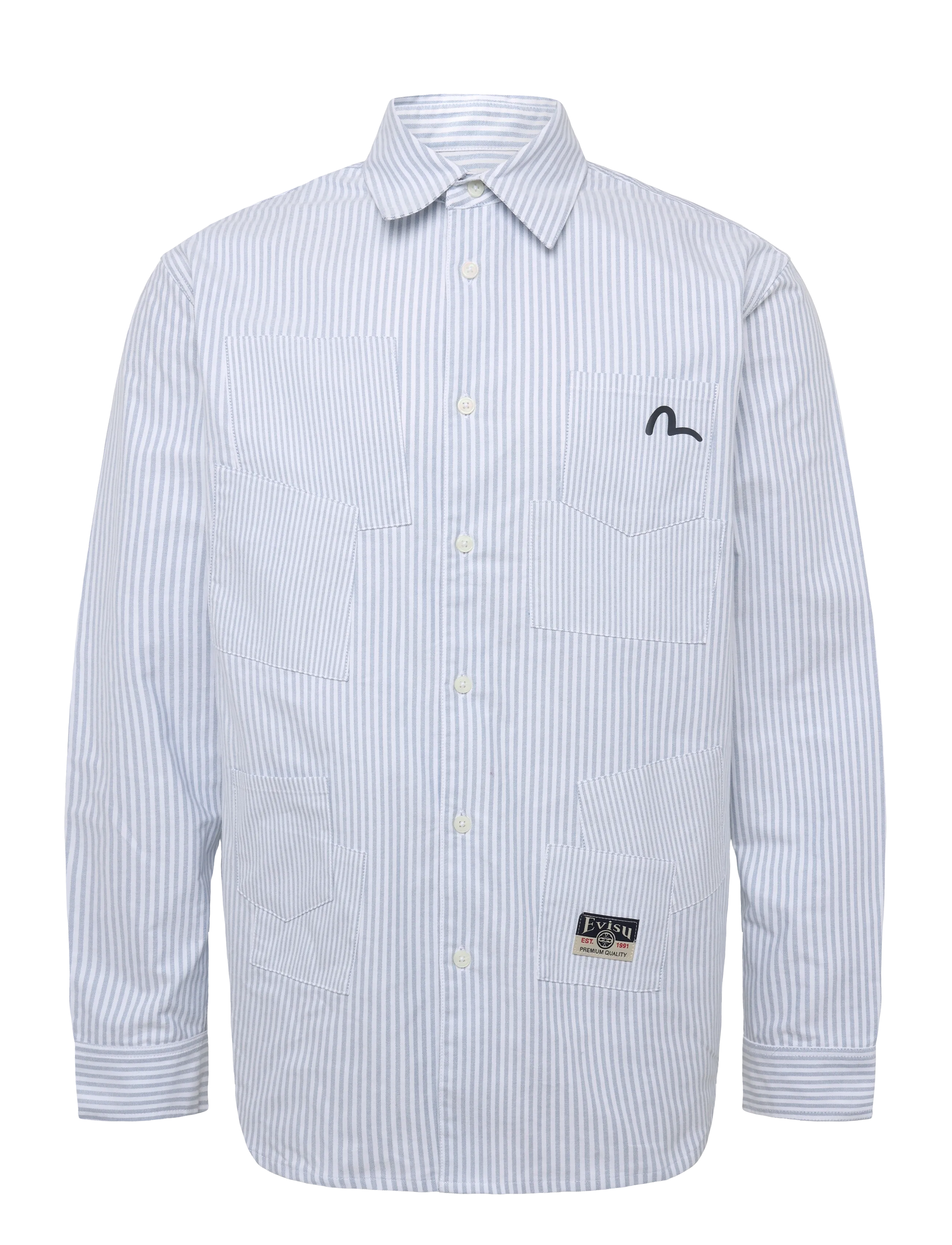 Evisu Ht, Multi-Pocket Ls Striped Oxford Shirt, Mænd, Stribet Multilomme Oxford Skjorte, Navy, Str: L