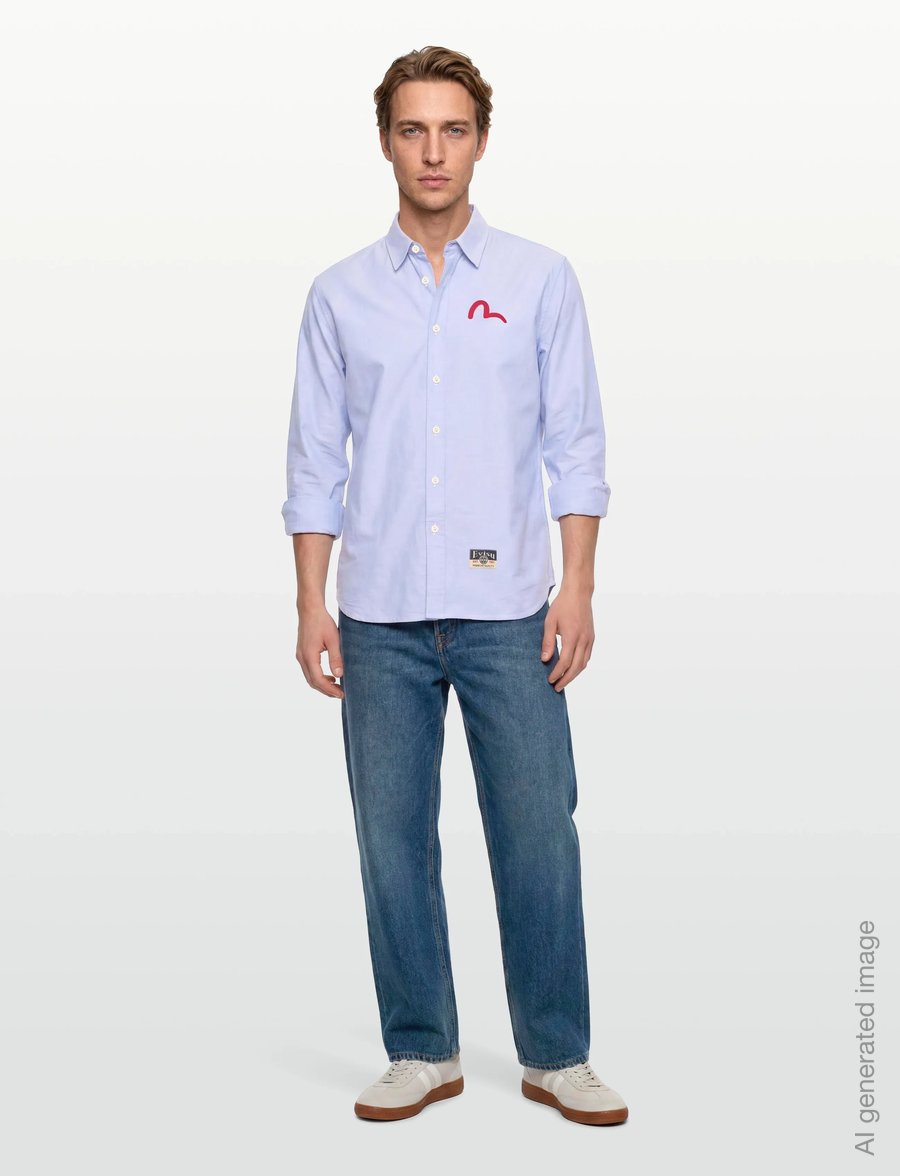 Evisu - HT, LS OXFORD SHIRT W/ BLACK SEAGULL PRINT - oxford skjorter - blue - 0