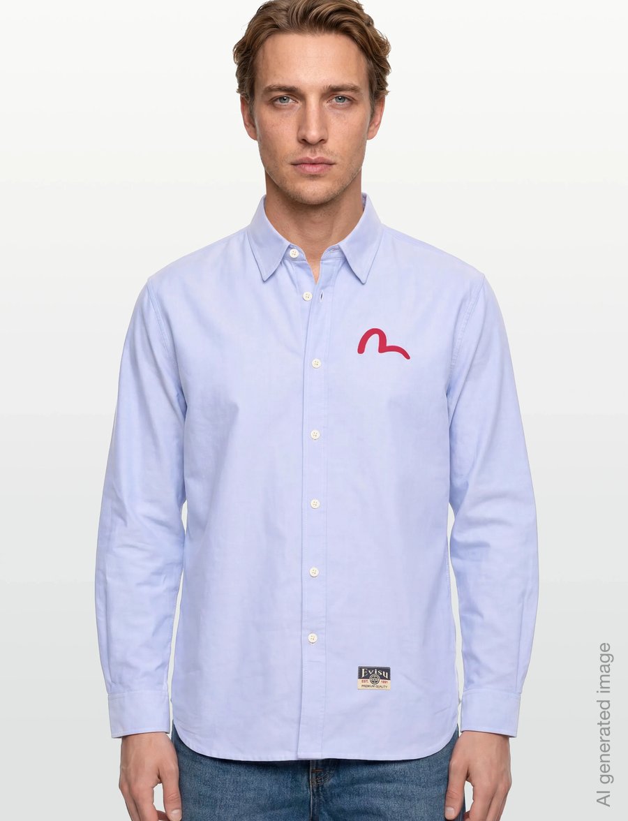 Evisu - HT, LS OXFORD SHIRT W/ BLACK SEAGULL PRINT - oxford skjorter - blue - 3