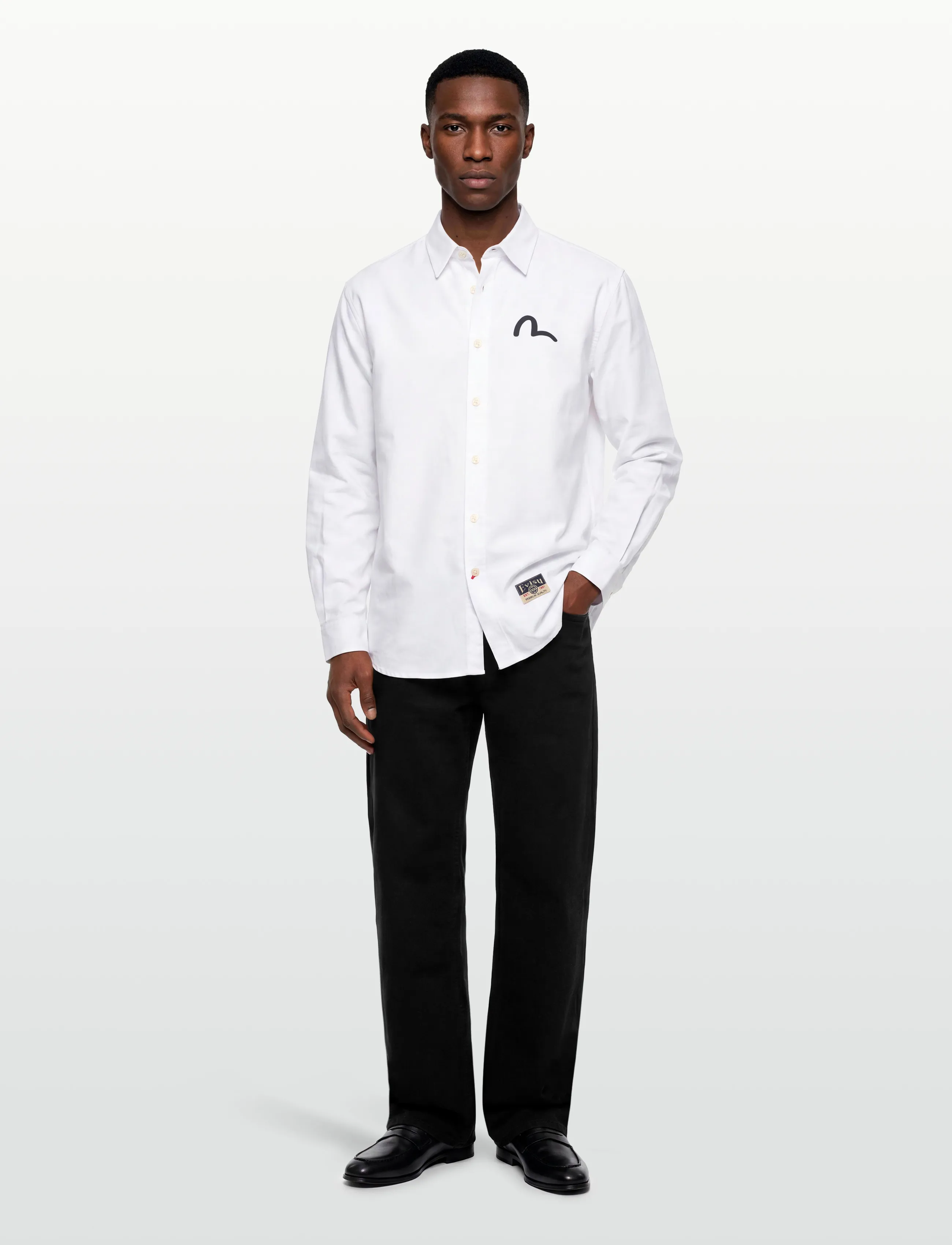 Evisu Ht, Ls Oxford Shirt W/ Black Seagull Print, M, Shirts, Weiß - Shirt, Männerswear
