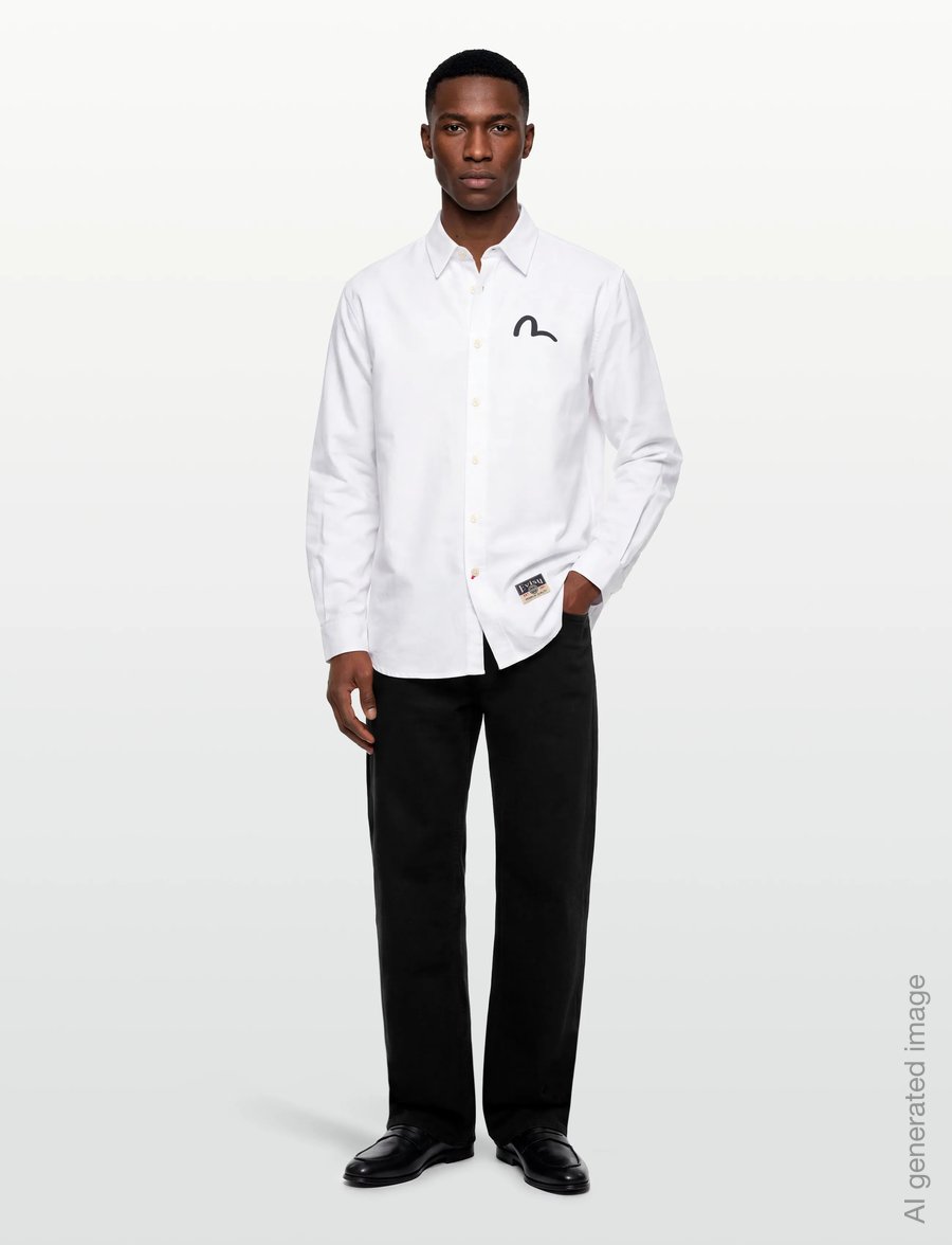 Evisu - HT, LS OXFORD SHIRT W/ BLACK SEAGULL PRINT - oxford krekli - white - 0