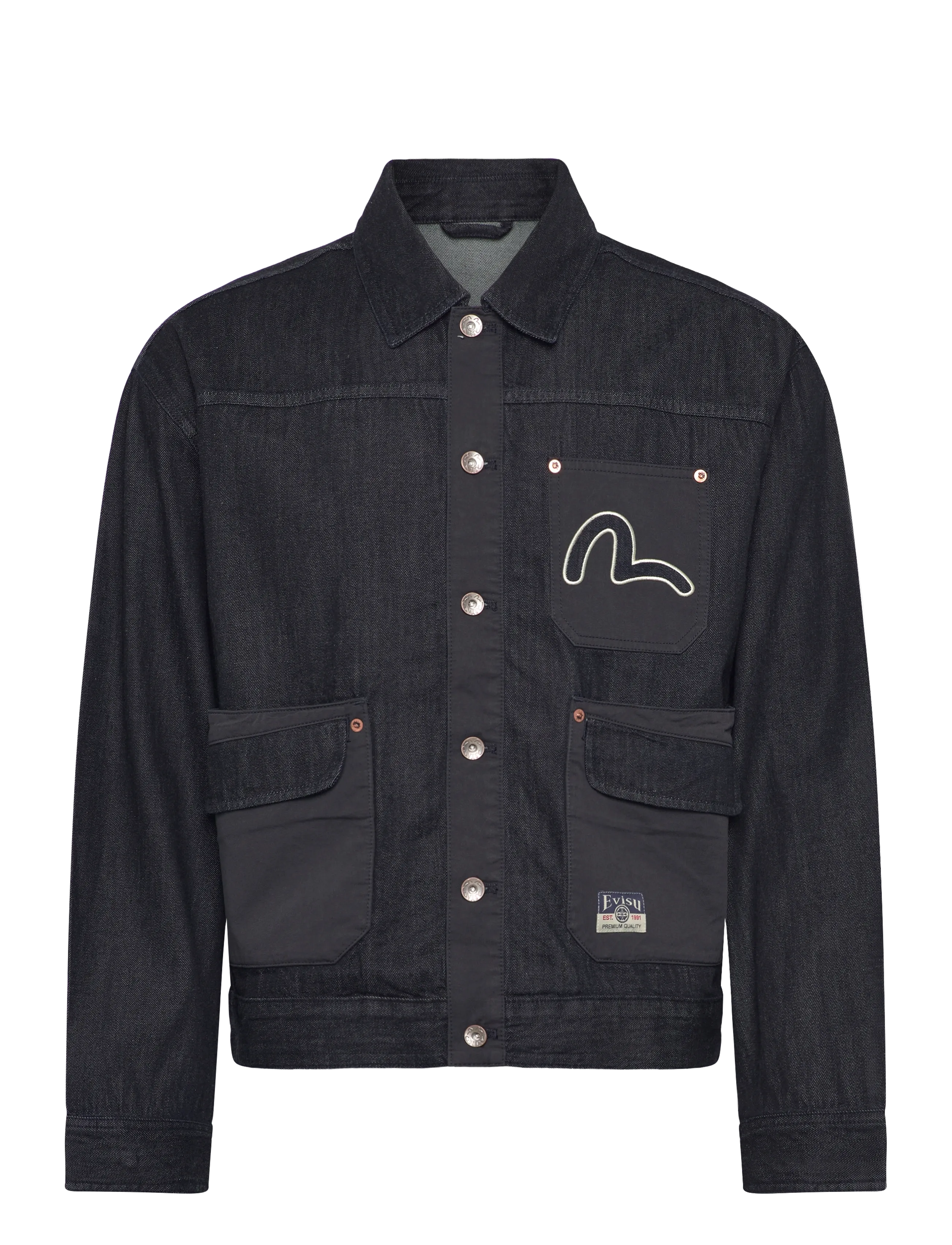 Evisu Fabric Blocking Denim Jacket, XL, Navy, Denim > Lined Denim Jackets, Herre