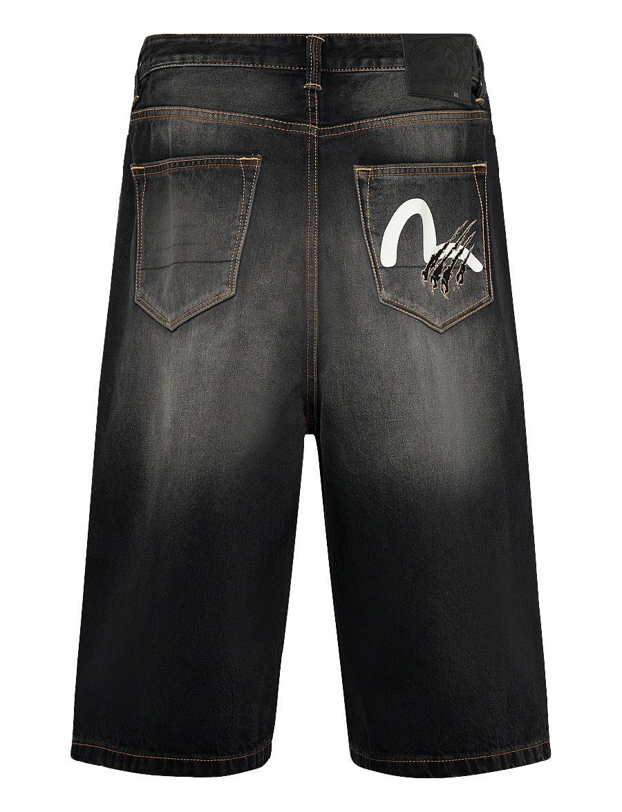 Evisu - SEAGULL & CLAW MARKS EMB. POCKET DENIM SHORTS - dark tone black denim - 1