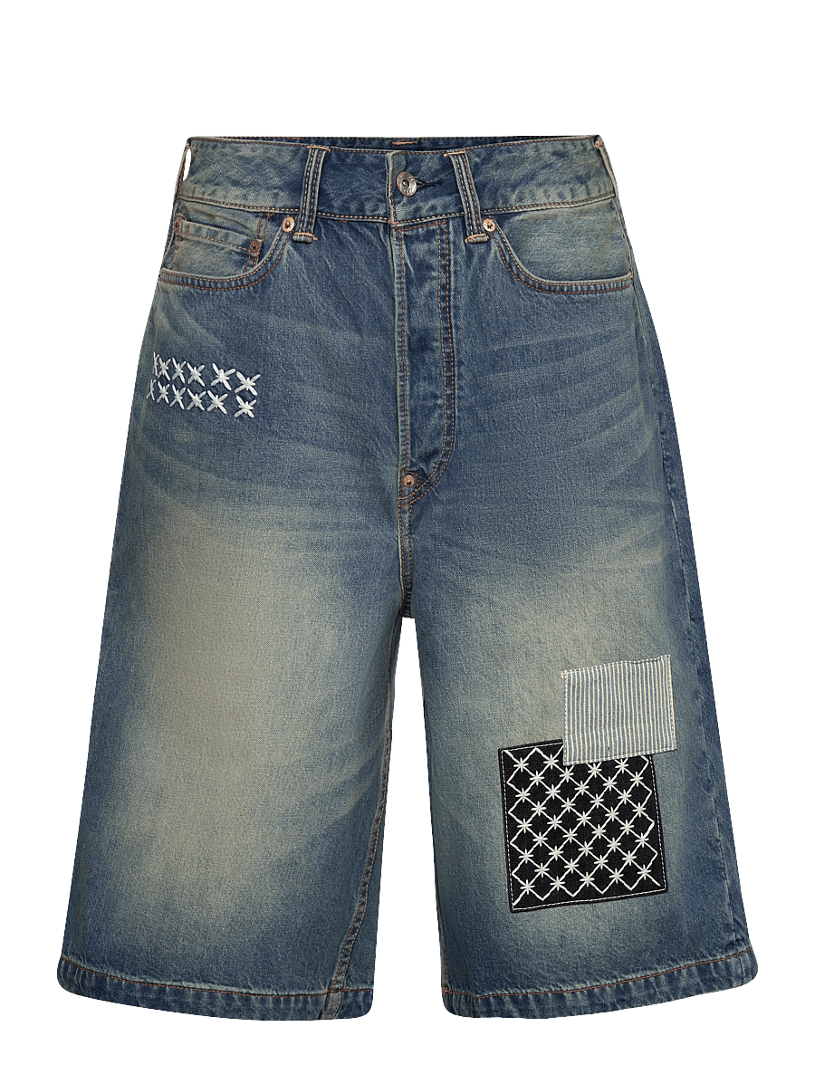 Evisu - FABRIC PATCH DENIM SHORTS - light tone indigo - 0