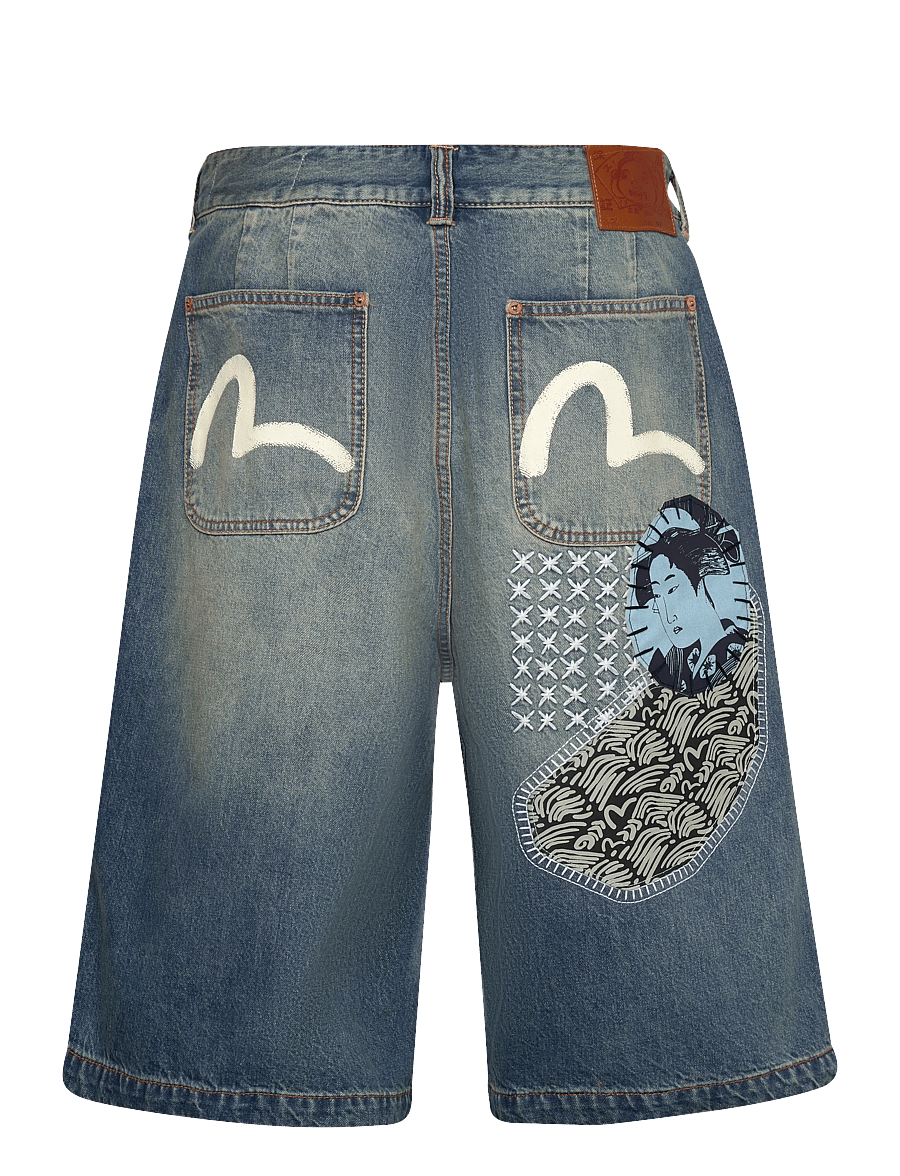 Evisu - FABRIC PATCH DENIM SHORTS - light tone indigo - 1
