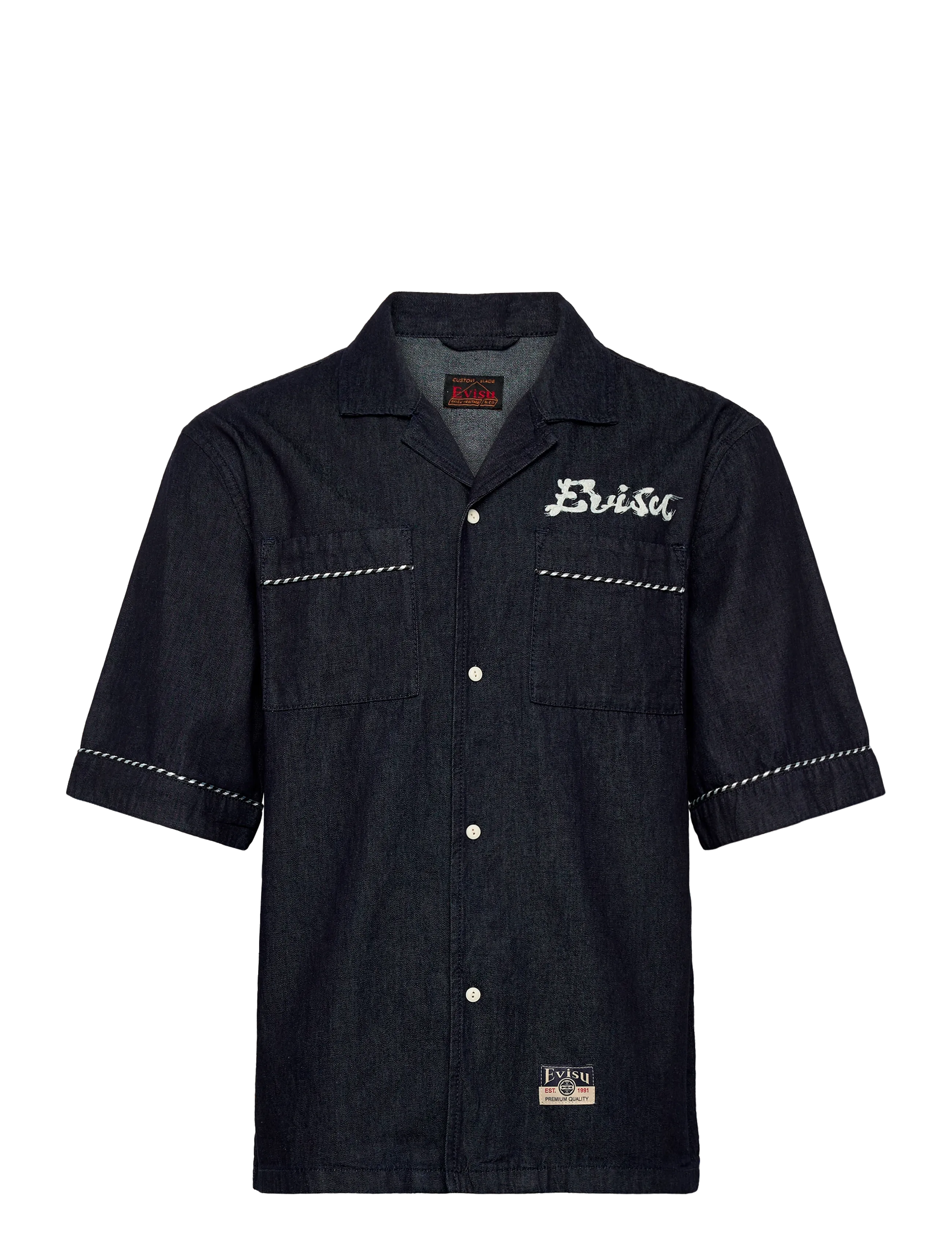 Evisu Denim Ss Shirt W/ Logo Emb., M, Navy, Skjorter > Kortærmede Shirts, Herre