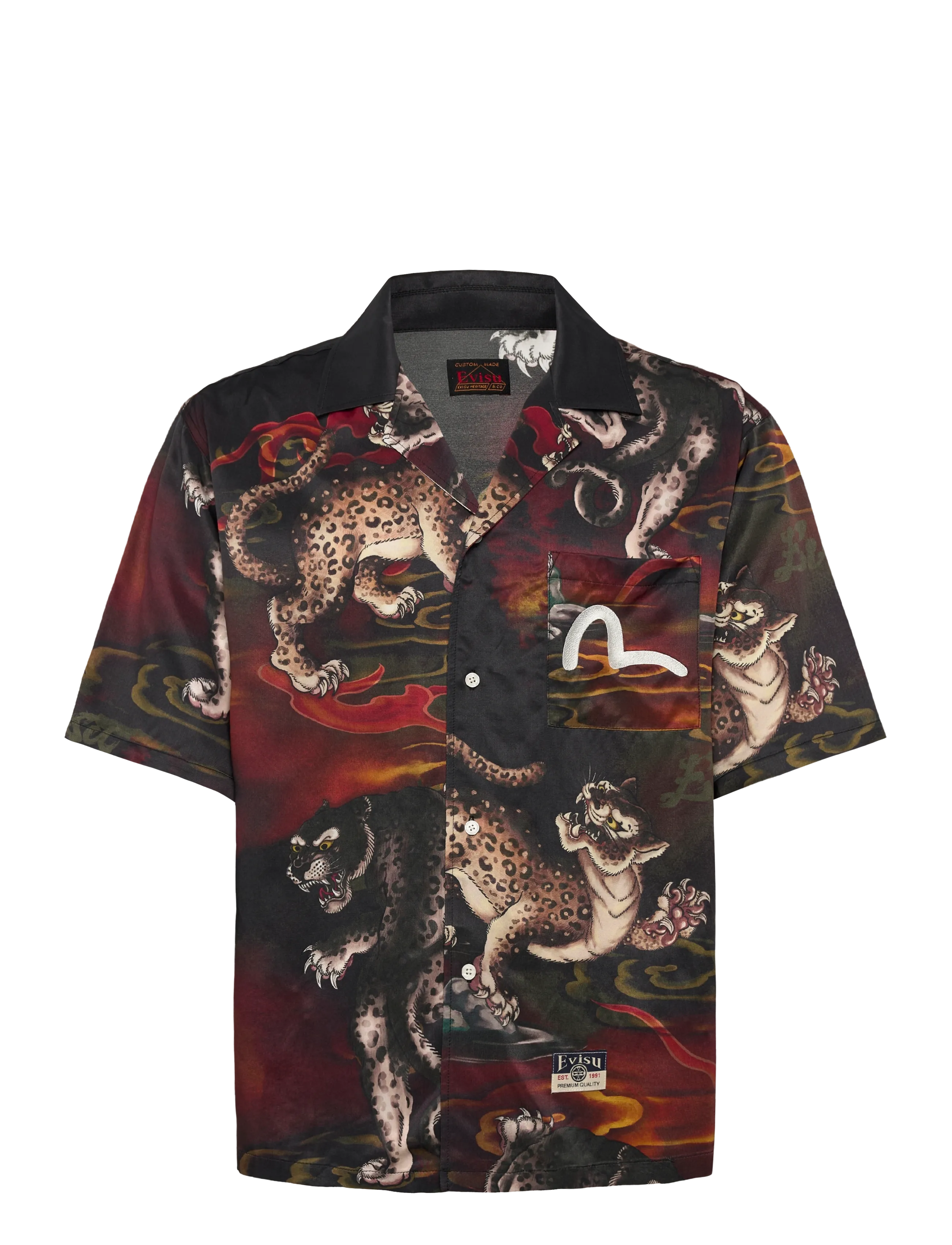 Evisu Leopard Aop Ss Shirt, Mænd, Leopard Print Kortærmet Skjorte, Multi/mønstret, Str: S