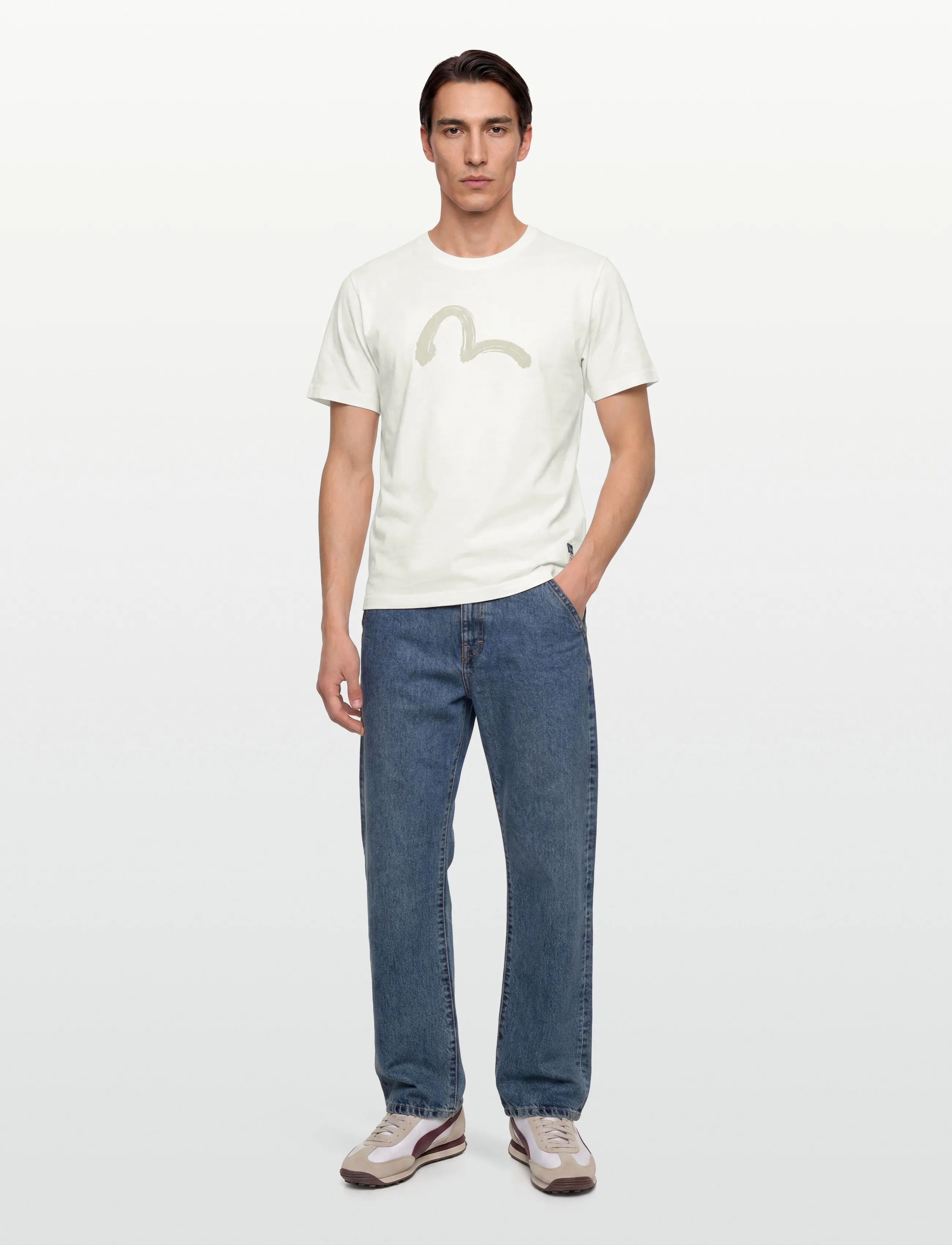 Evisu Hand Brush Seagull Printed Ss Tee, S, Cream, T-Shirts > Kortærmede, Herre