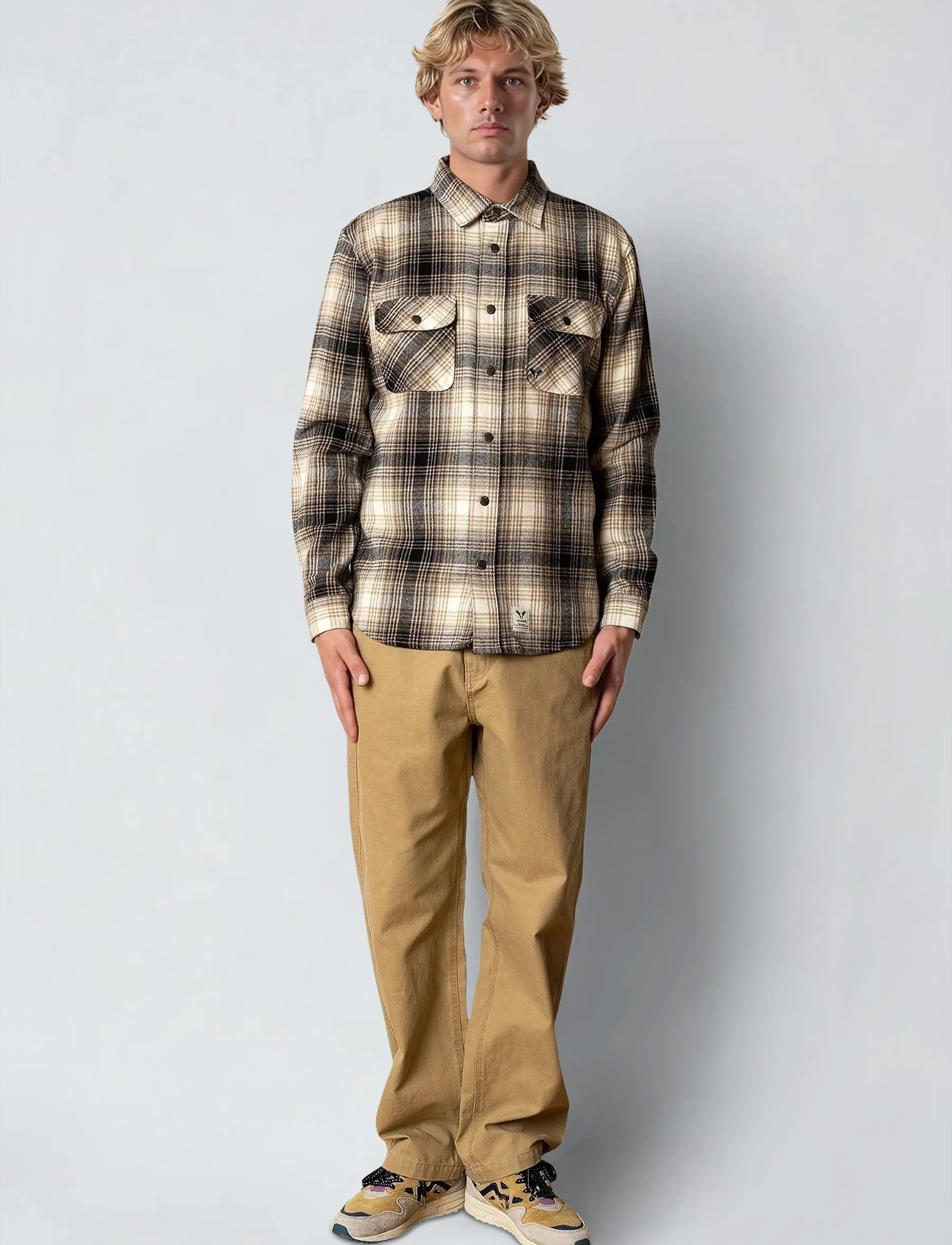 Fat Moose - Adrian cotton check shirt - flannel skyrtur - sand / black - 4