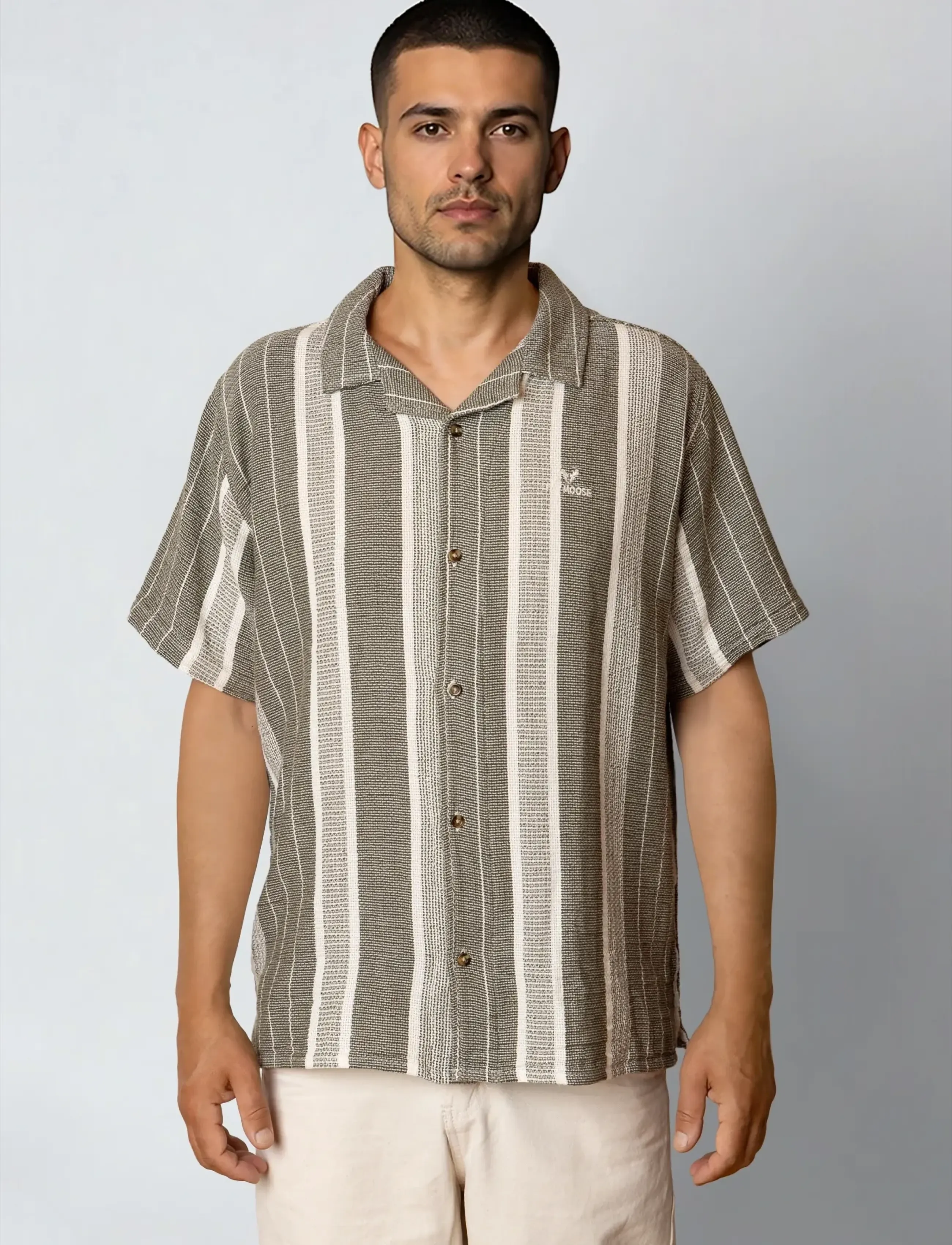 Fat Moose Leo bowling shirt - Kolekcijos - DUSTY GREEN/OFF WHITE STRIPED / khaki/green