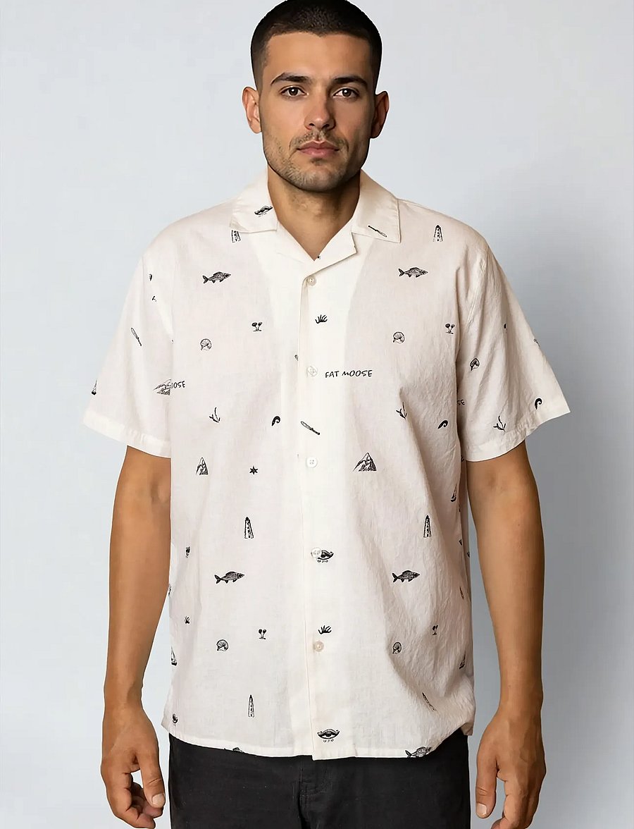 Fat Moose - Icon cotton/linen S/S shirt - kortærmede skjorter - ecru - 0