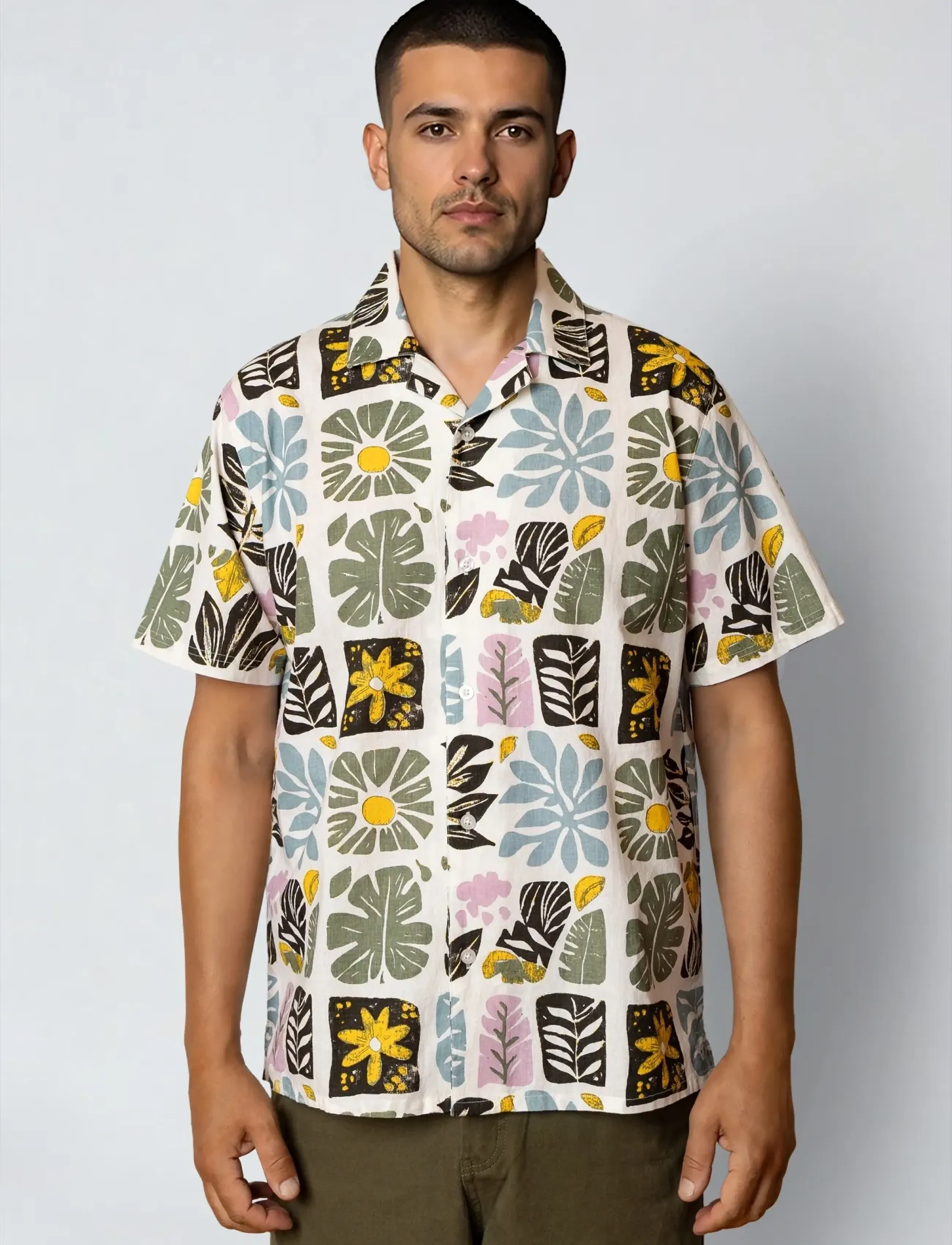 Fat Moose Sea Cotton/Linen S/S Shirt, M, Multi/patterned, Skjorter > Kortærmede Shirts, Herre