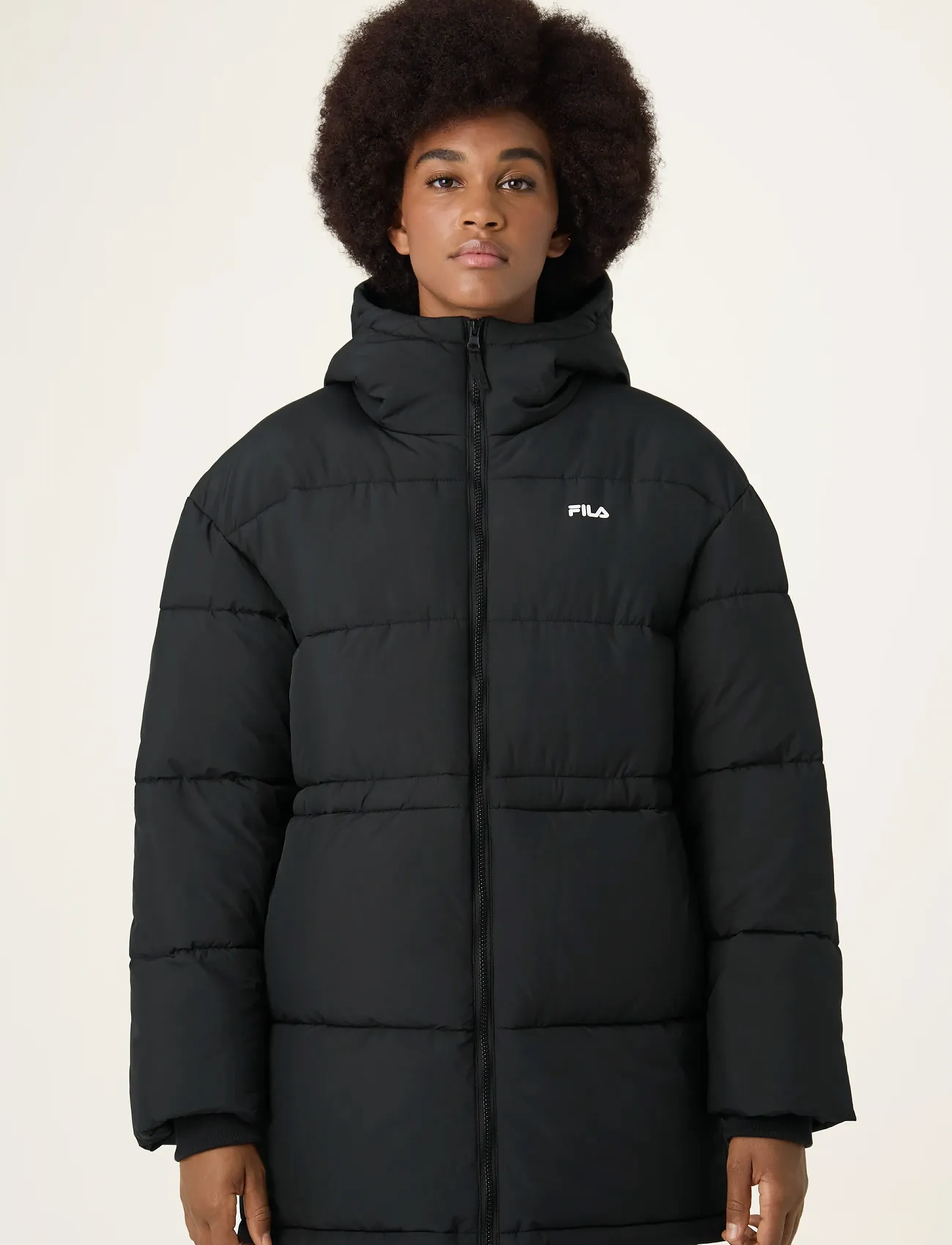 FILA Alba Relaxed Mid Hooded Puffer Jacket, S, Black, Sport Jackets > Sport Padded Jackets, Dame