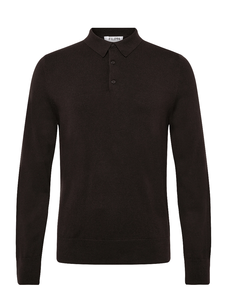 Filippa K - Knitted Polo Shirt - langärmelige strick-polohemden - dark chocolate - 0