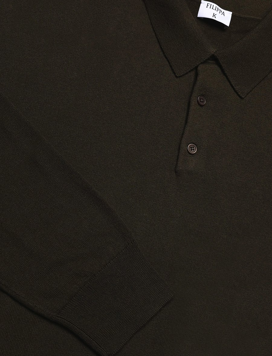 Filippa K - Knitted Polo Shirt - långärmade stickade pikétröjor - dark moss green - 2