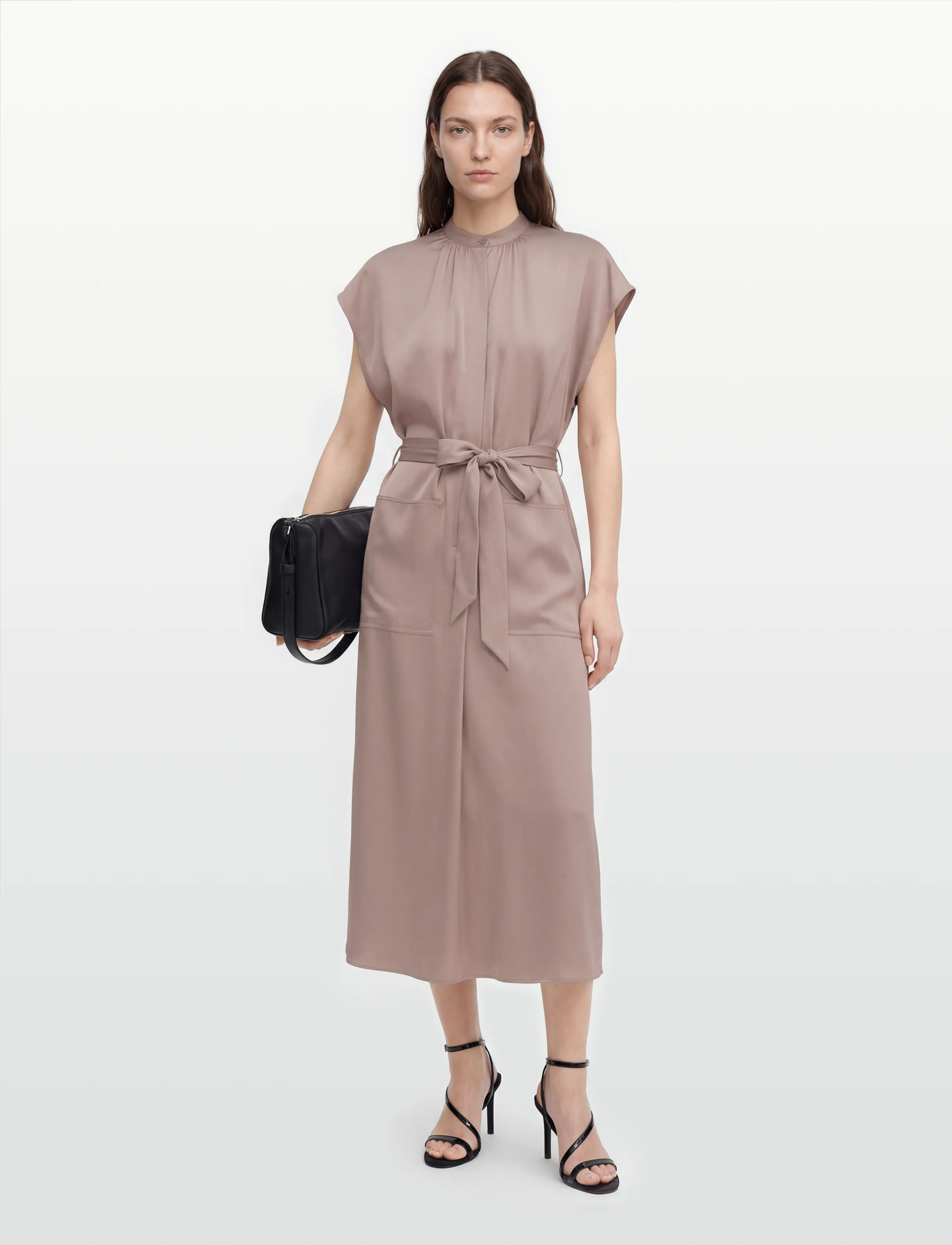Filippa K Belted Stand Collar Dress - Quiet luxury - TAUPE BEIGE / brown
