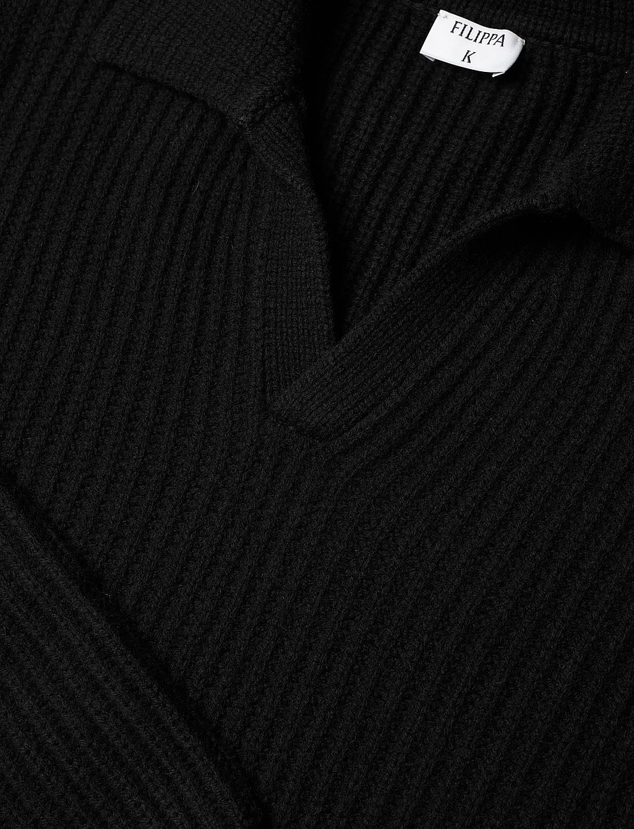 Filippa K - Chunky Ribbed Wool Polo - pikkade varrukatega kootud polod - black - 2