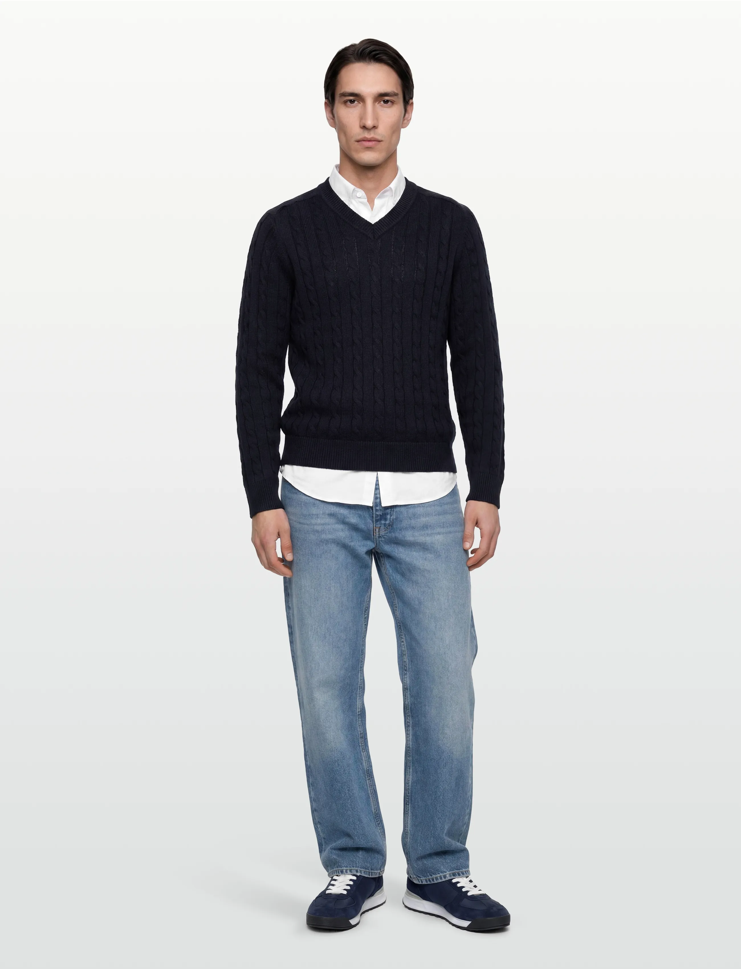 Filippa K Braided Cotton V-Neck Sweater - V-Ausschnitt - NAVY / navy